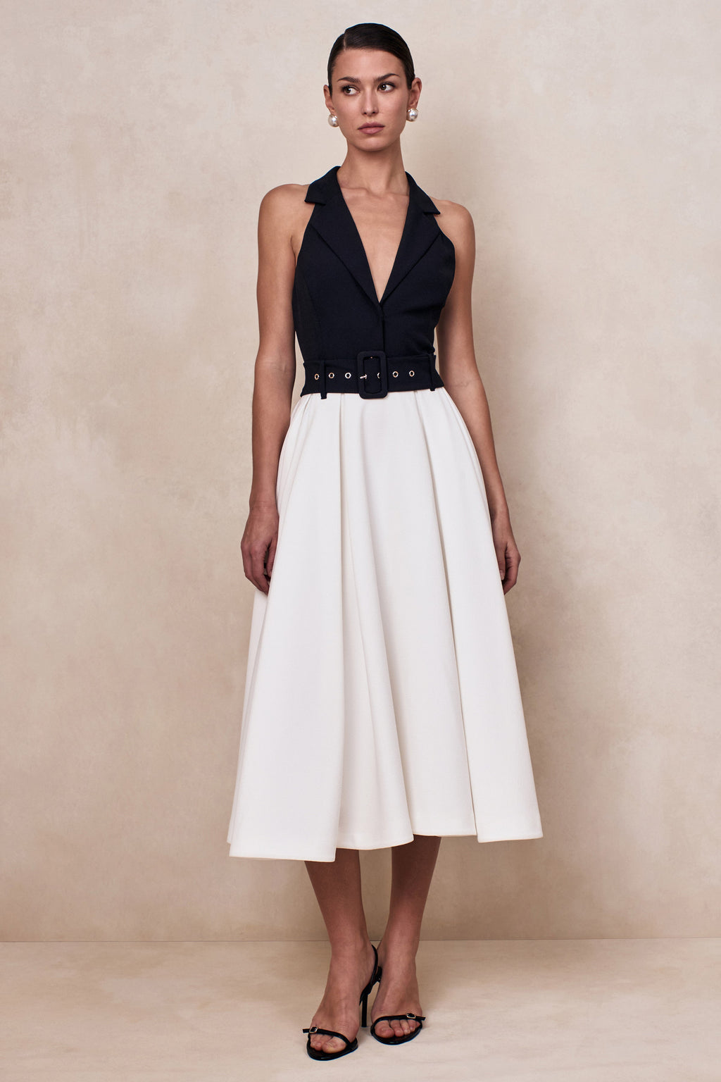 Alessa | Black & White Plunge-Neck Tailored Midi Dress