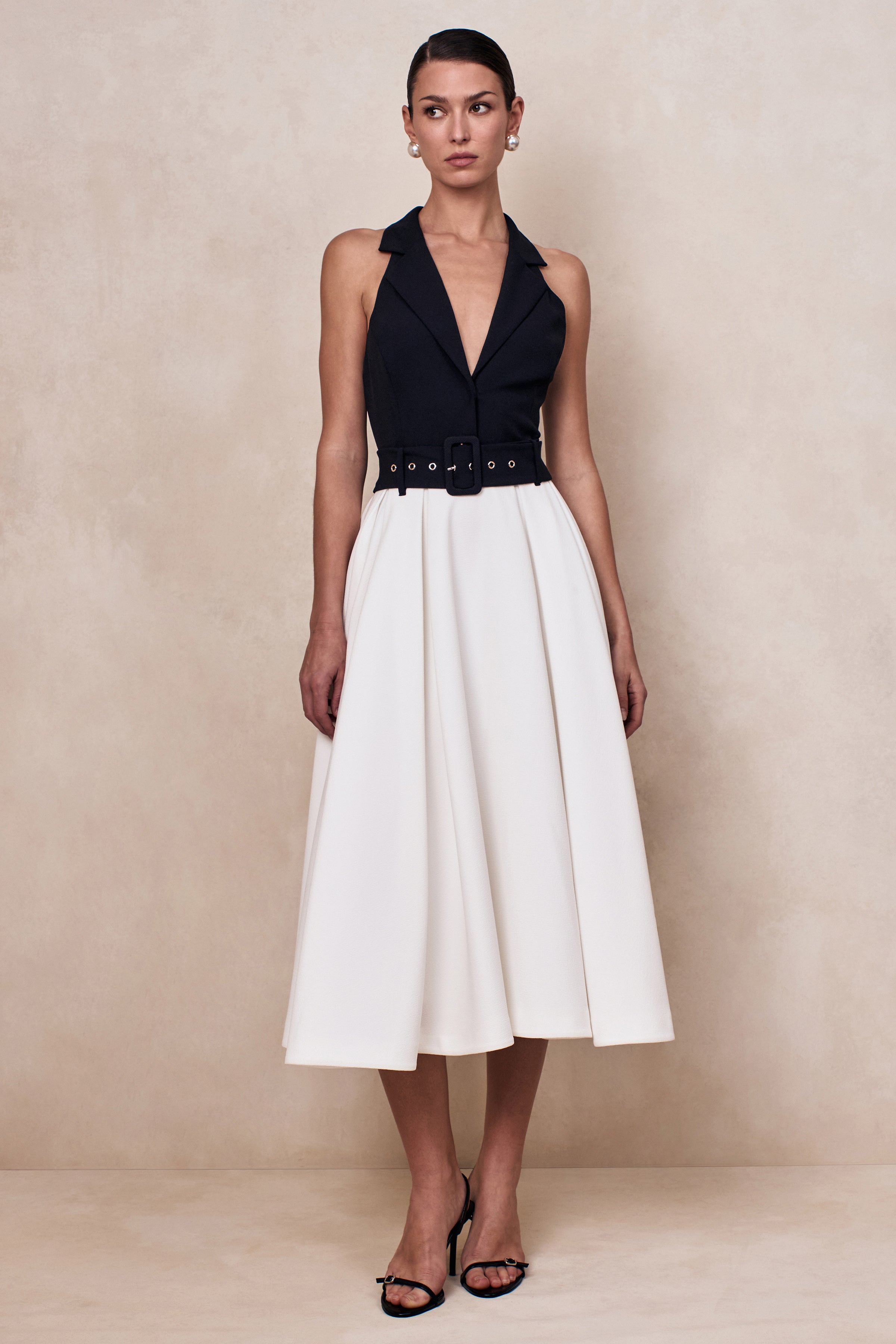 Alessa | Black & White Plunge-Neck Tailored Midi Dress