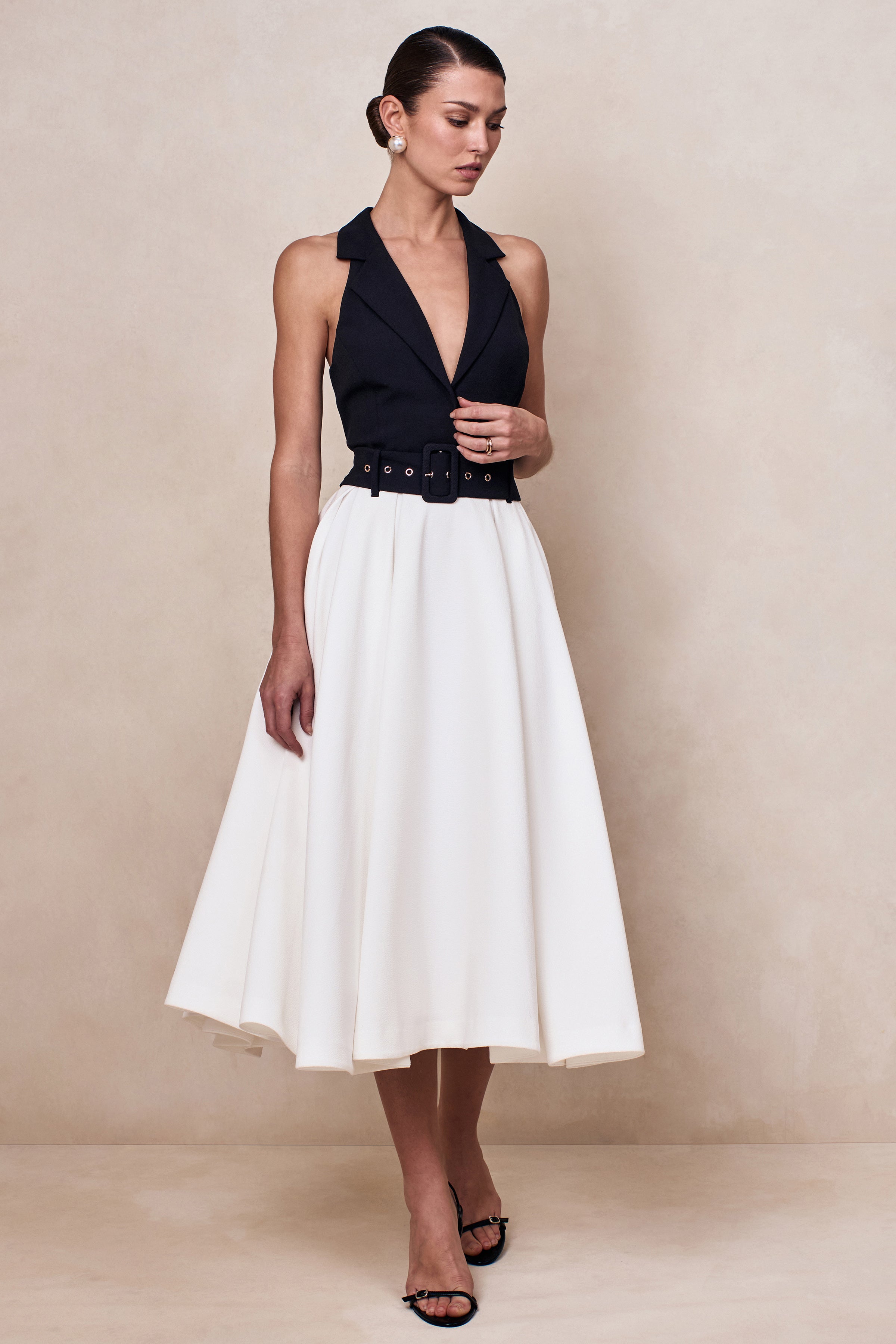 Alessa | Black & White Plunge-Neck Tailored Midi Dress