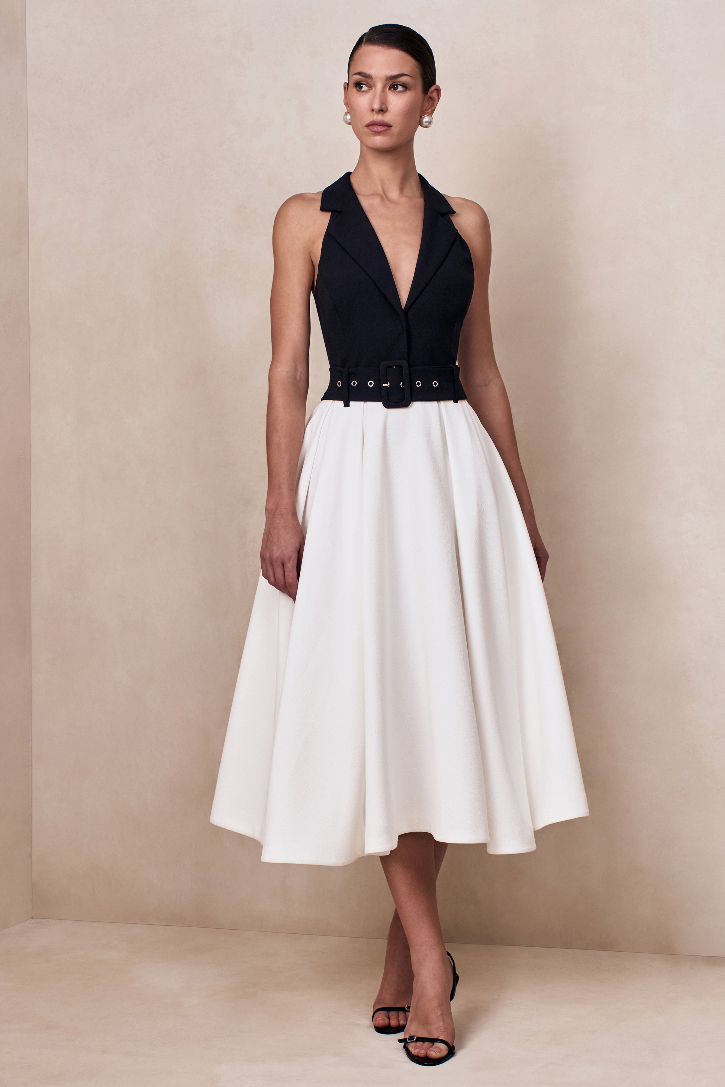 Alessa | Black & White Plunge-Neck Tailored Midi Dress
