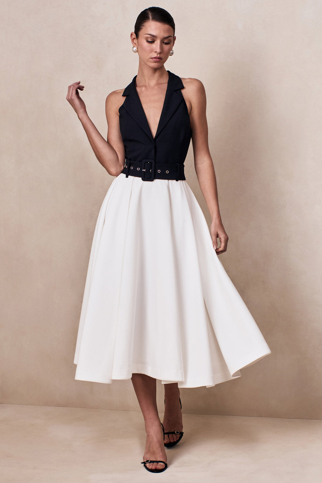 Alessa | Black & White Plunge-Neck Tailored Midi Dress