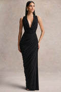 Desiree | Black Plunge-Neck Maxi Dress With Draped Detailing