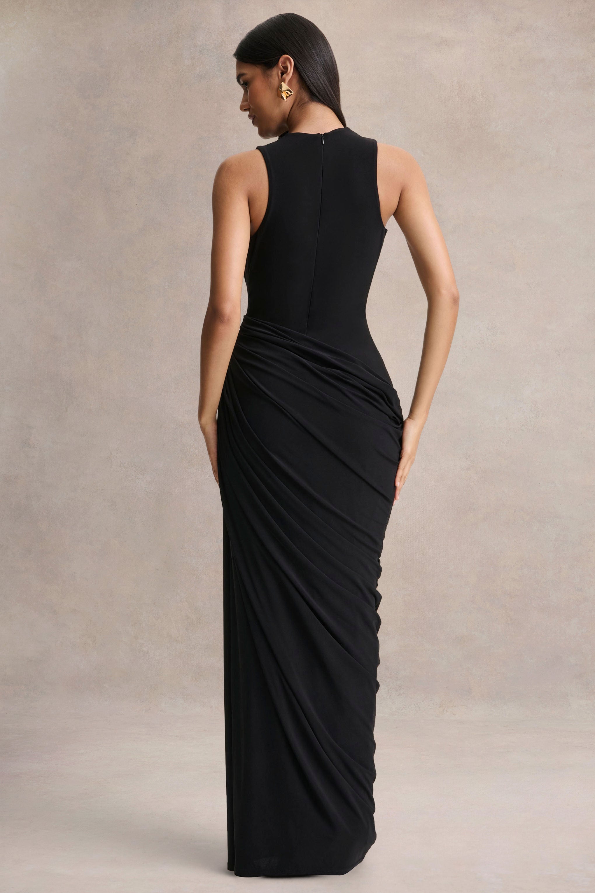 Desiree | Black Plunge-Neck Maxi Dress With Draped Detailing
