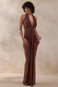 Lesley | Brown Plunge-Neck Maxi Dress