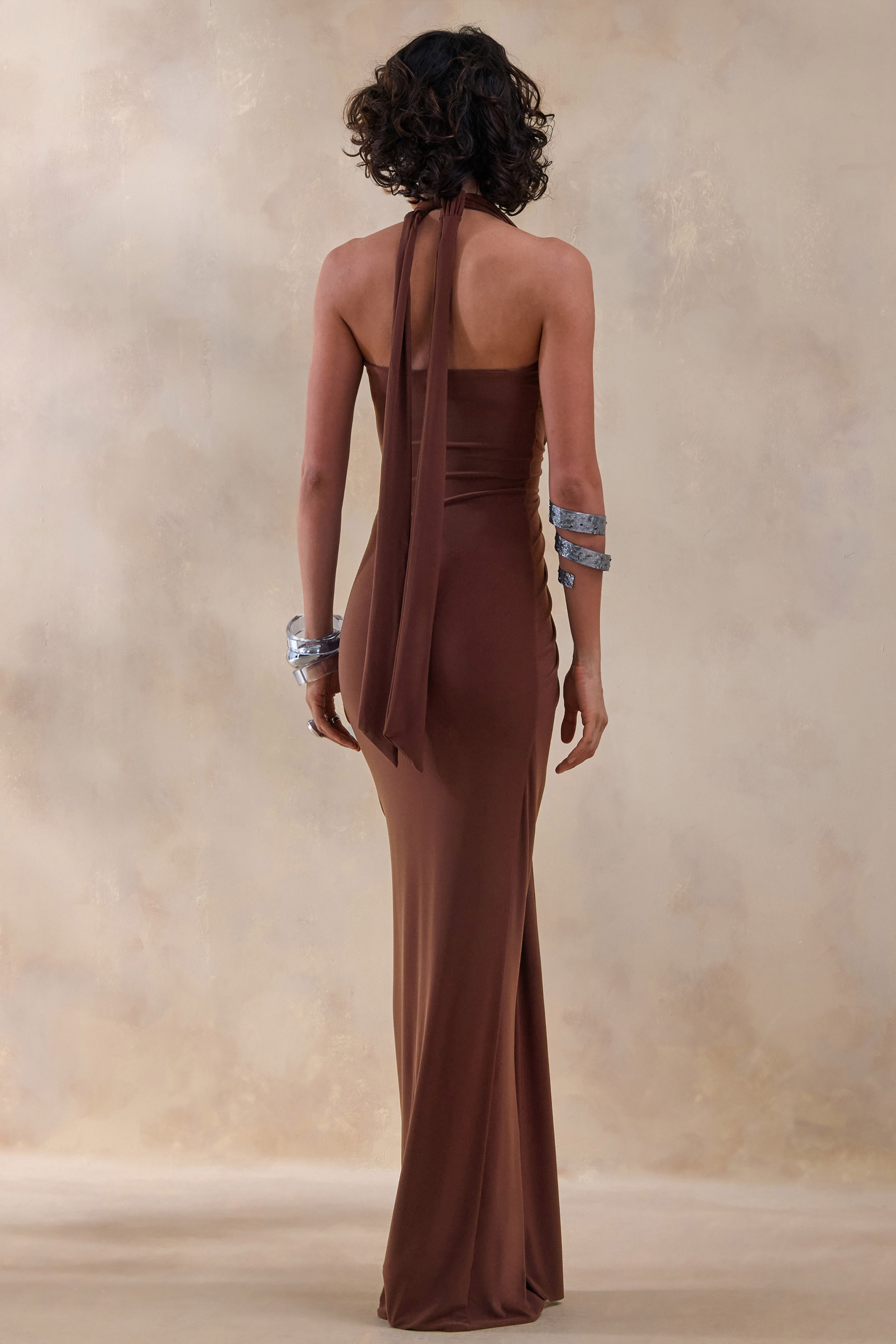 Lesley | Brown Plunge-Neck Maxi Dress