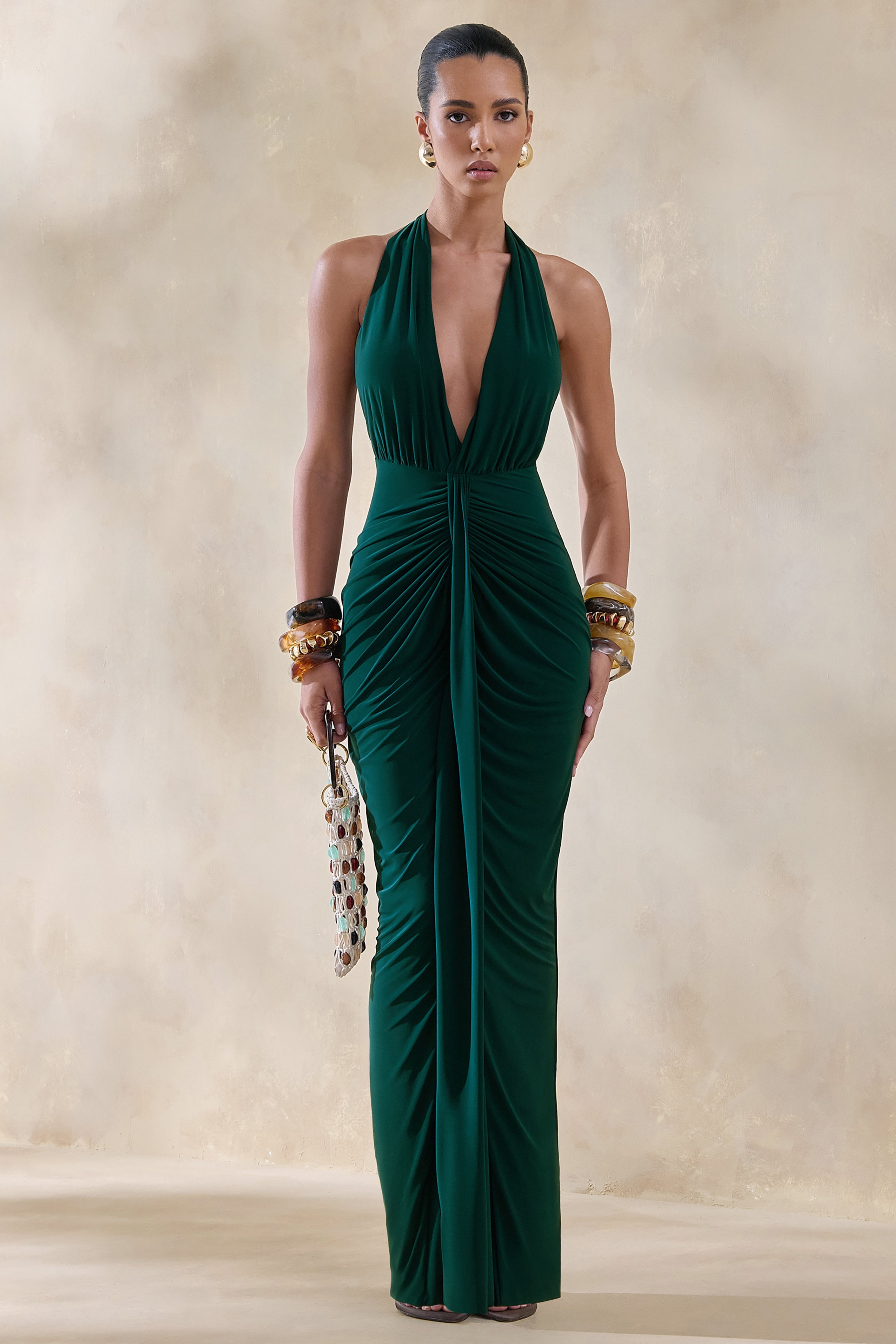 Lesley | Bottle Green Plunge-Neck Maxi Dress