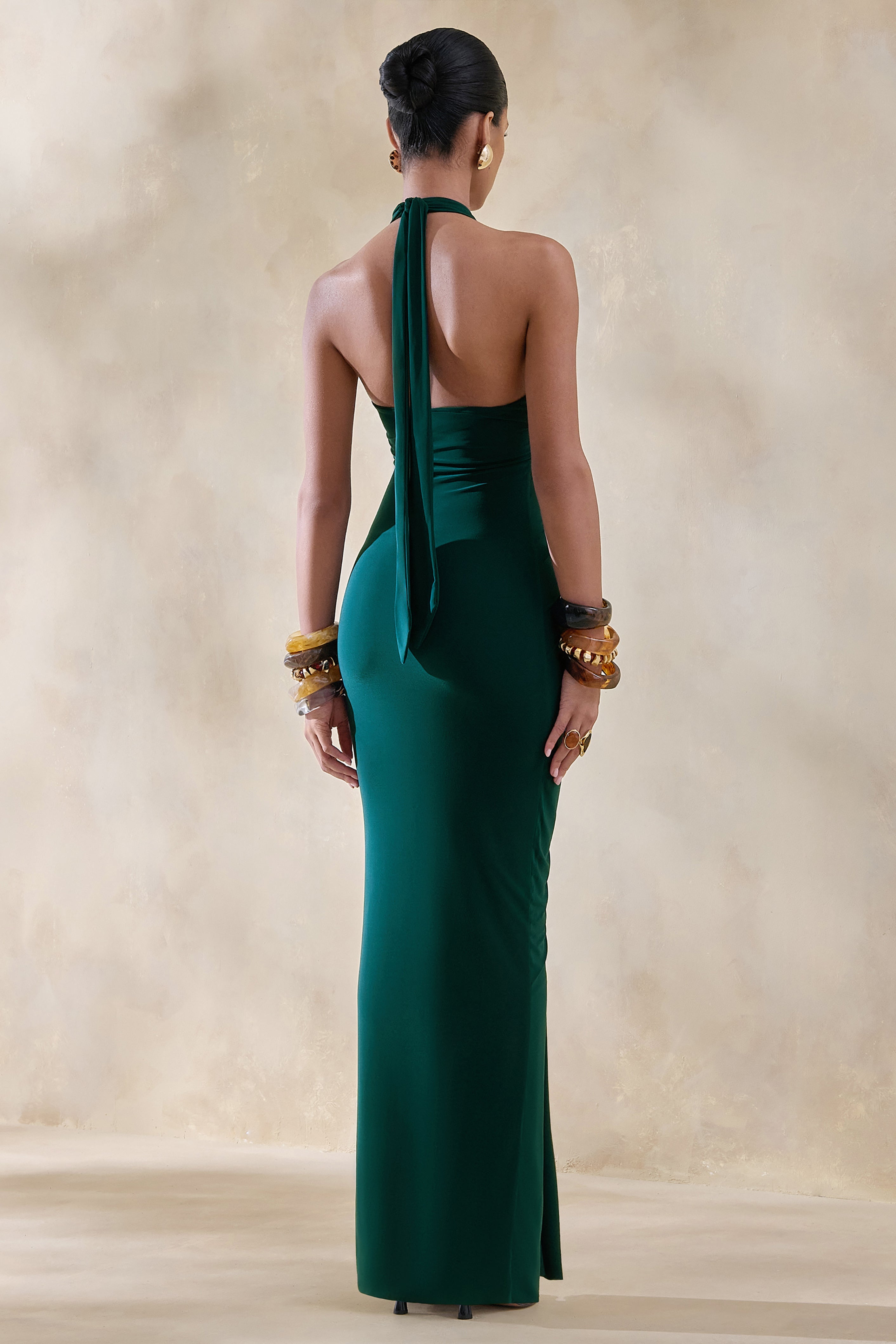 Lesley | Bottle Green Plunge-Neck Maxi Dress