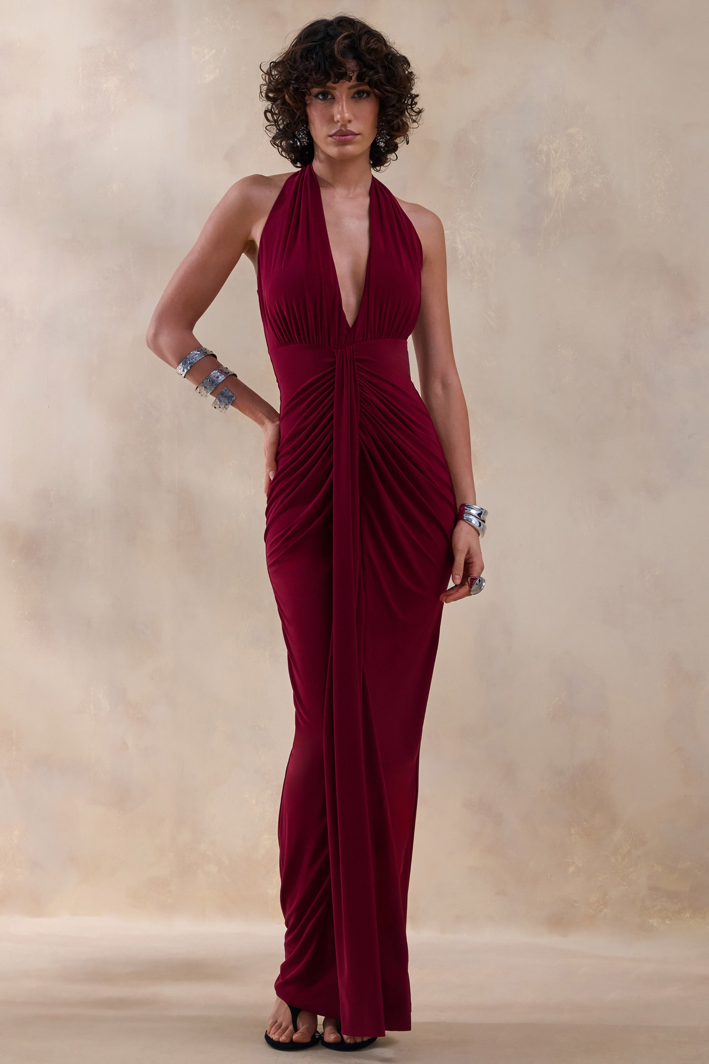 Lesley | Burgundy Plunge-Neck Maxi Dress