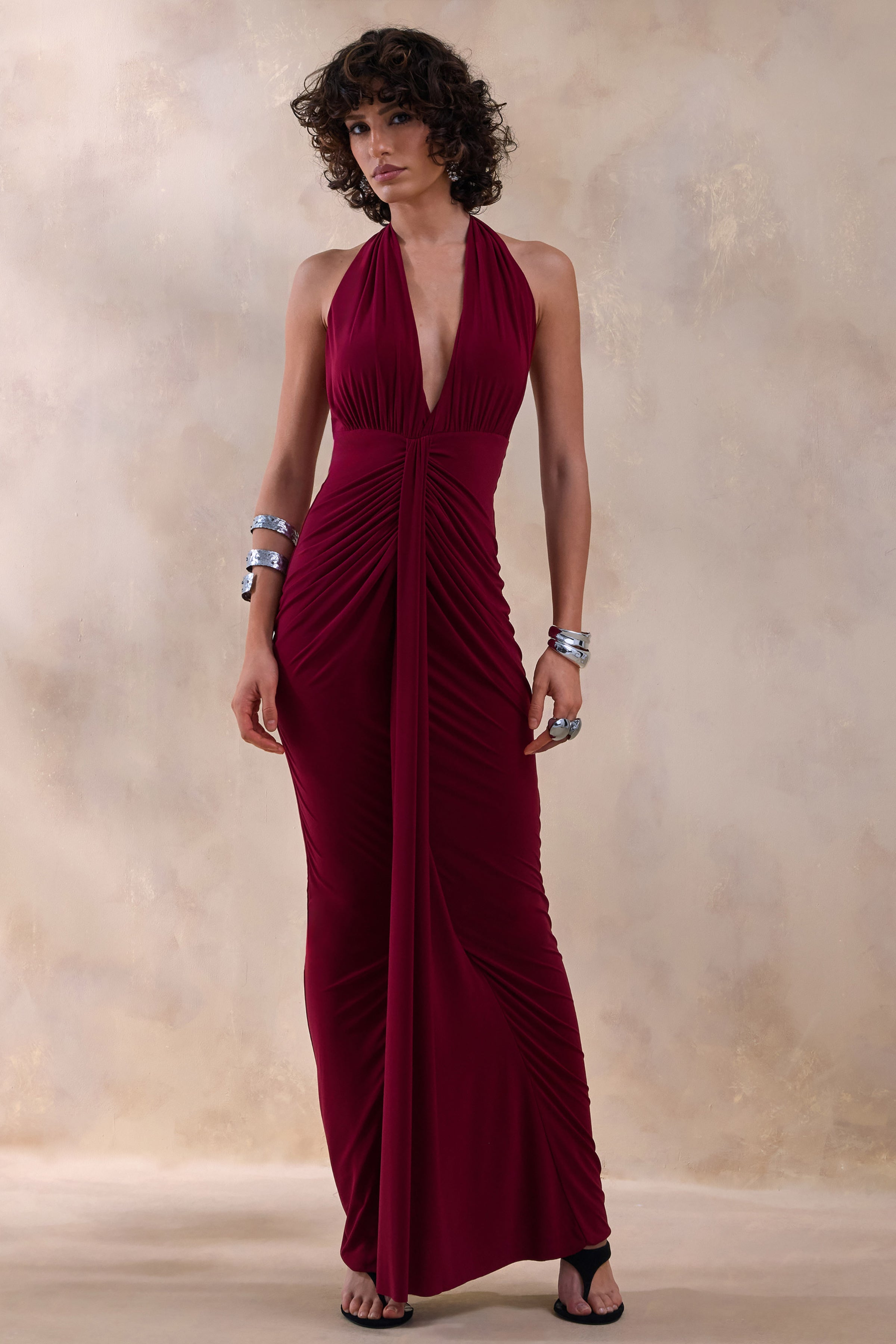 Lesley | Burgundy Plunge-Neck Maxi Dress