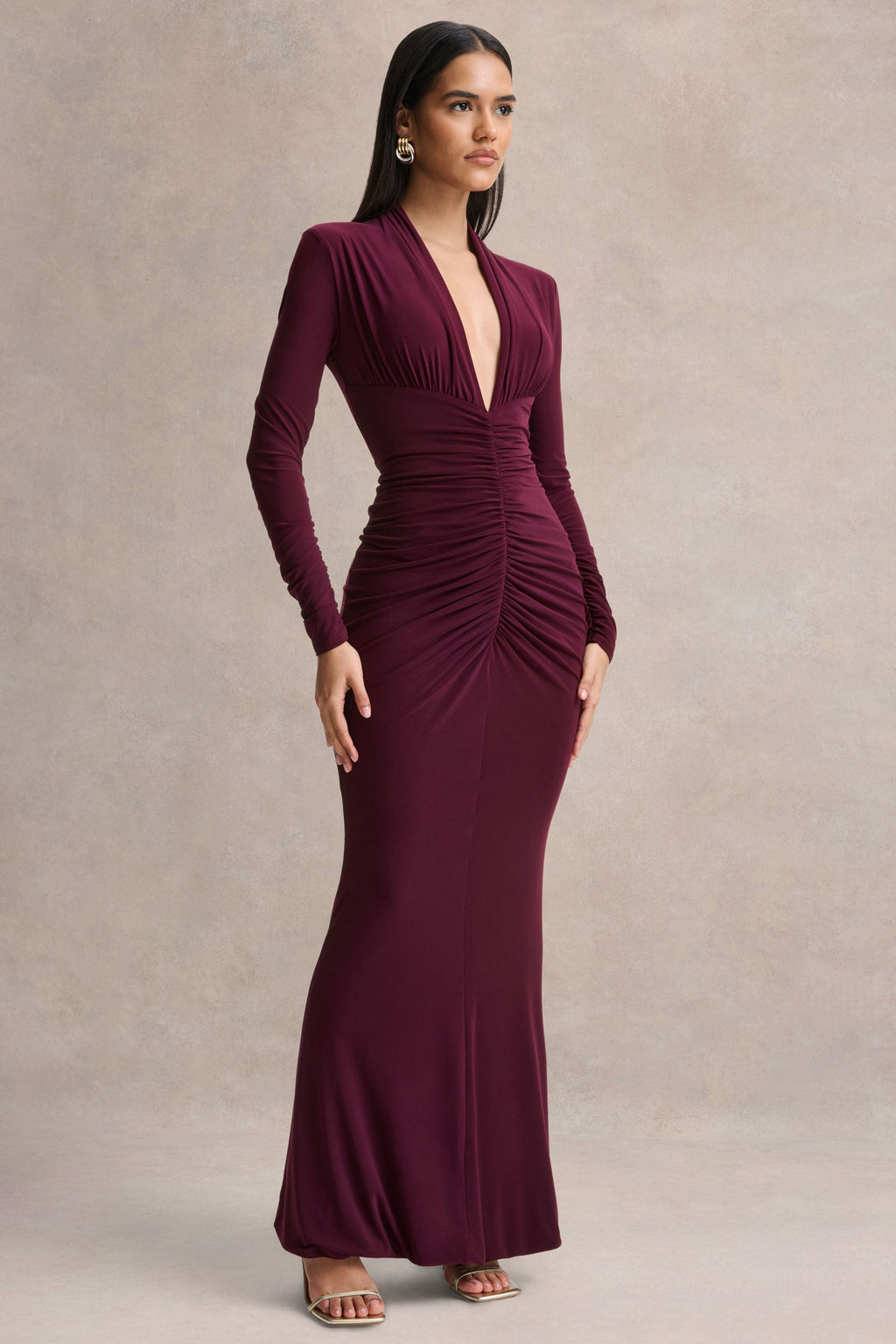 Tami | Plum Plunge-Neck Long Sleeve Maxi Dress