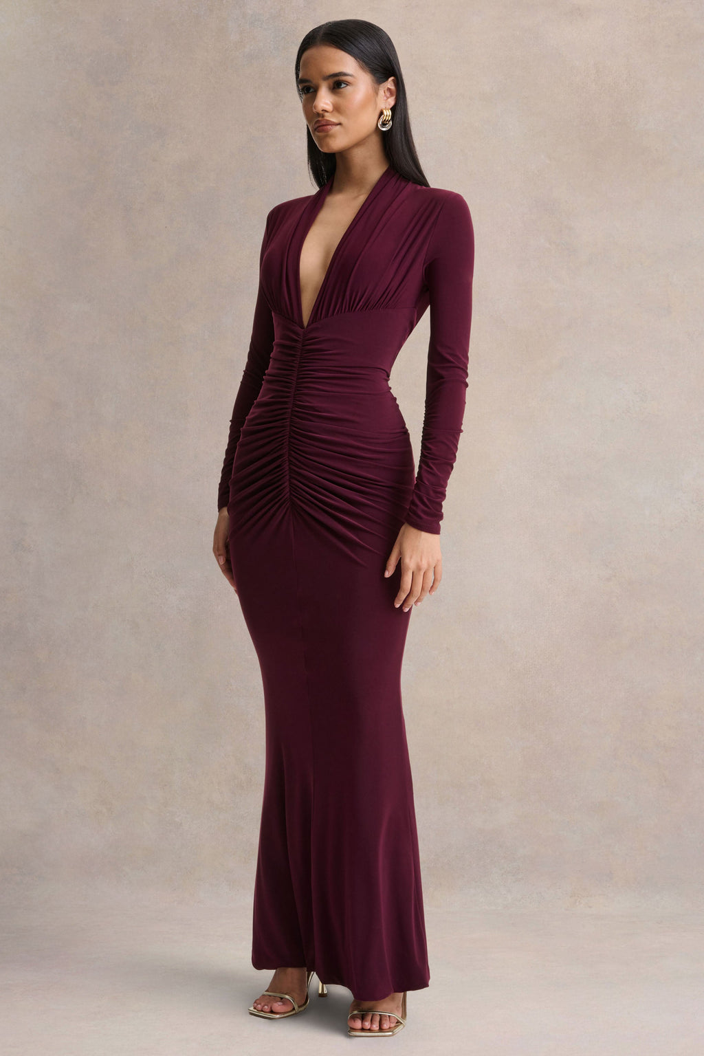 Tami | Plum Plunge-Neck Long Sleeve Maxi Dress