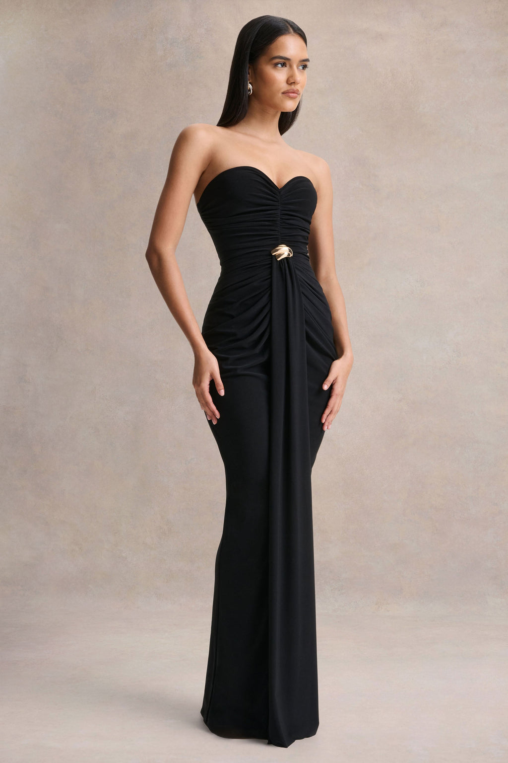 Beverly | Black Bandeau Maxi Dress With Gathered-Detailing