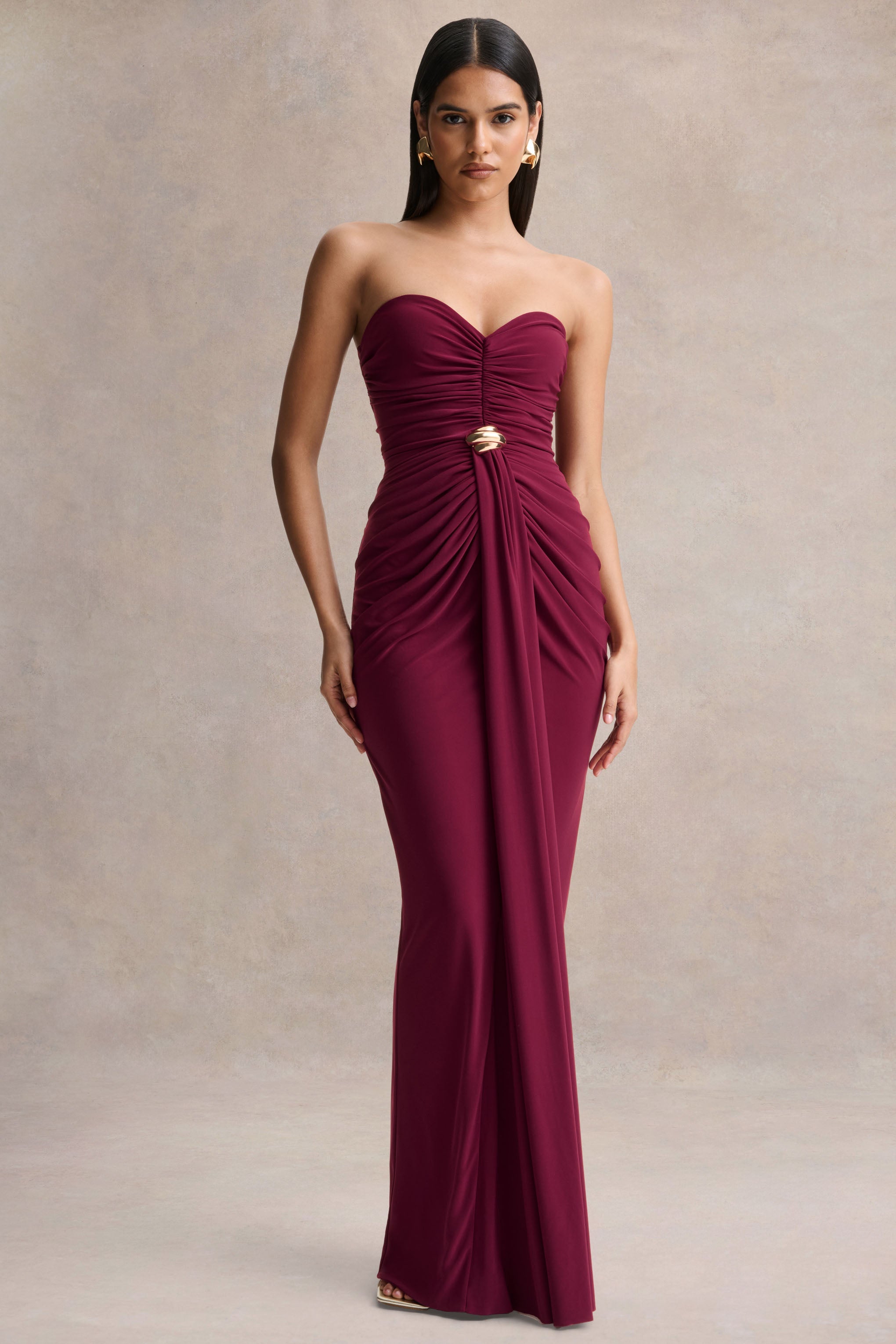Beverly | Burgundy Bandeau Maxi Dress With Gathered-Detailing