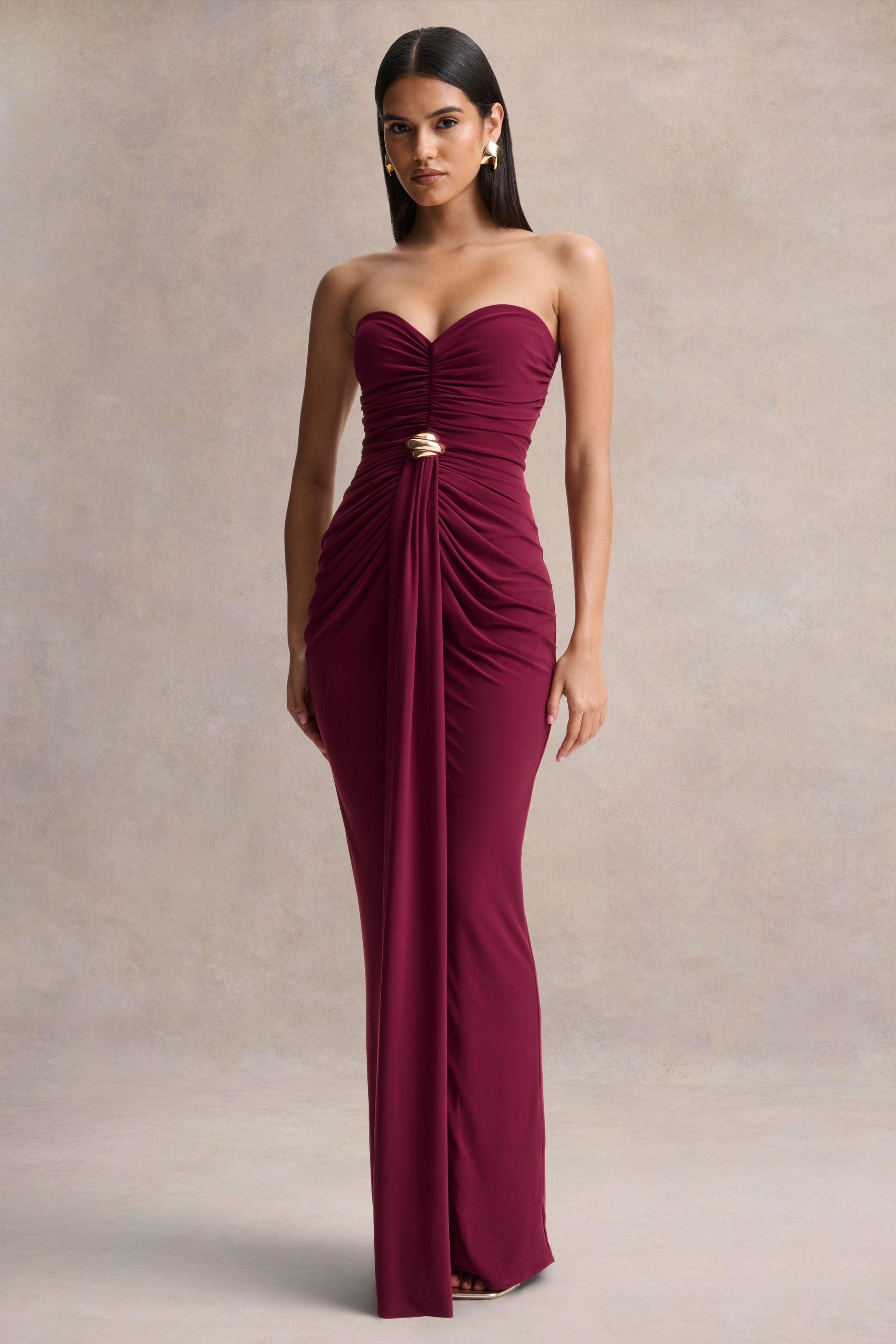 Beverly | Burgundy Bandeau Maxi Dress With Gathered-Detailing