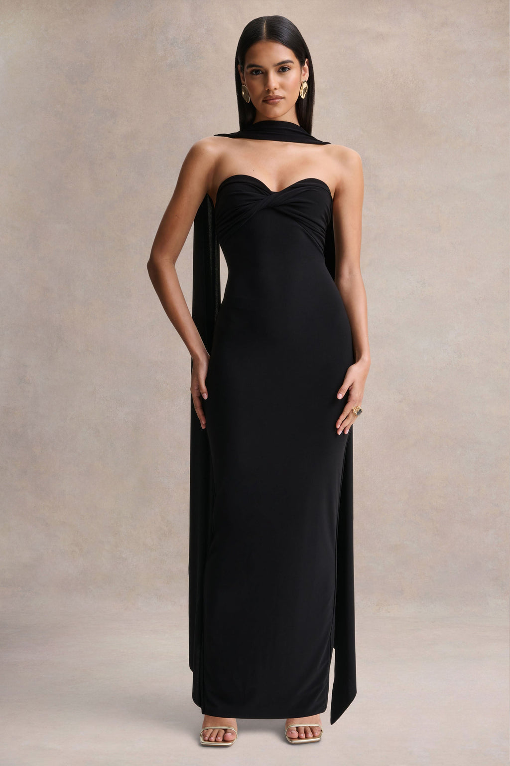 Sheila | Black Bandeau Maxi Dress With Scarf Detail