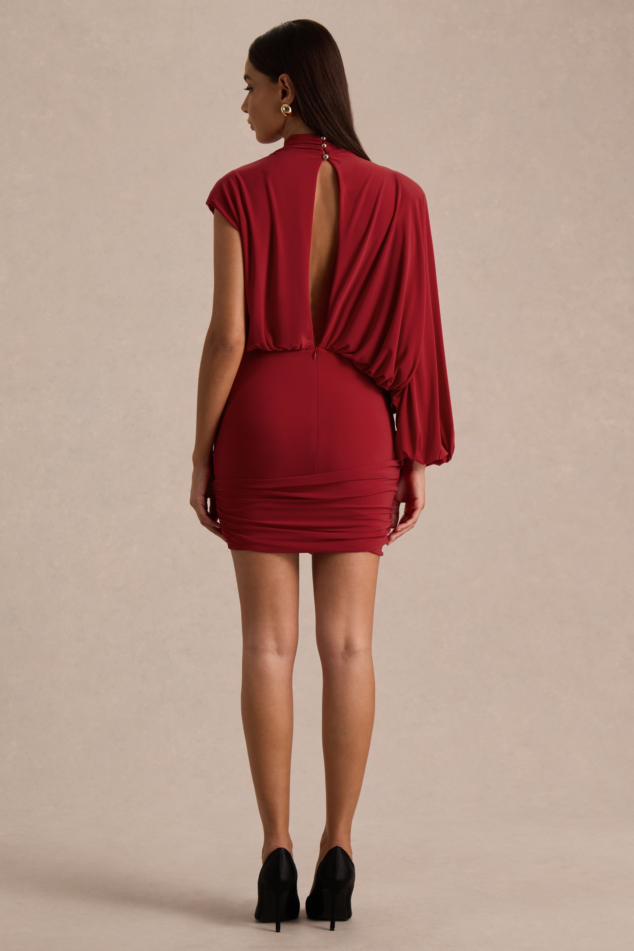 Zelda | Red High-Neck Mini Dress With One-Long Sleeve And Twisted Detail