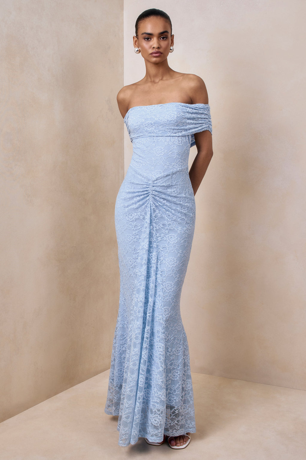 Elinor | Powder Blue Lace Bardot-Neck Maxi Dress With Gathered-Detailing
