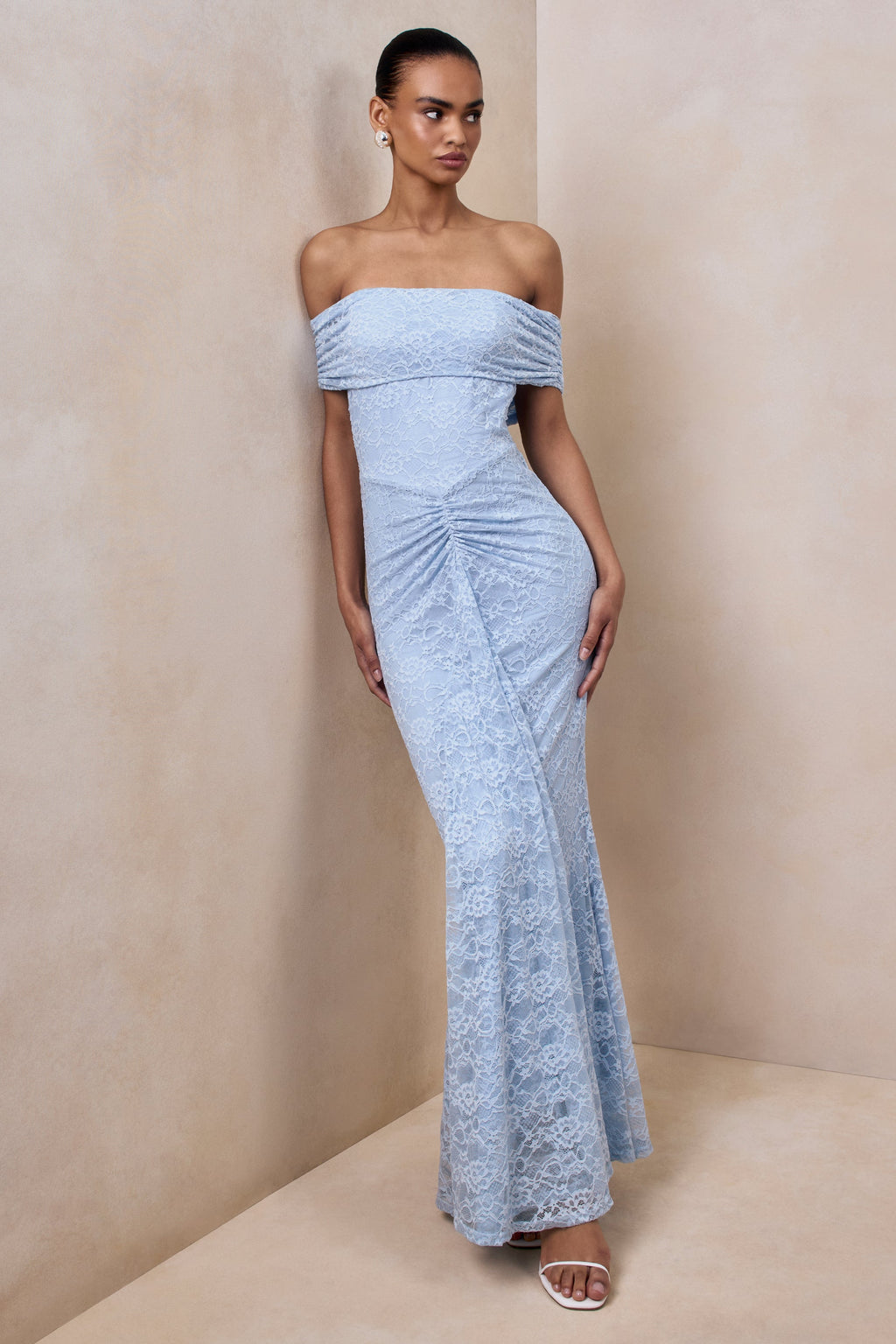 Elinor | Powder Blue Lace Bardot-Neck Maxi Dress With Gathered-Detailing
