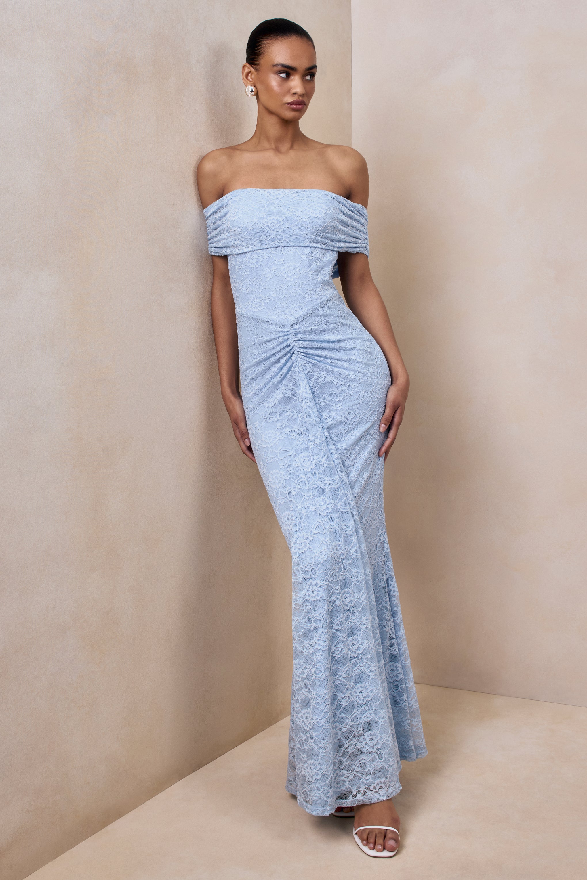 Elinor | Powder Blue Lace Bardot-Neck Maxi Dress With Gathered-Detailing