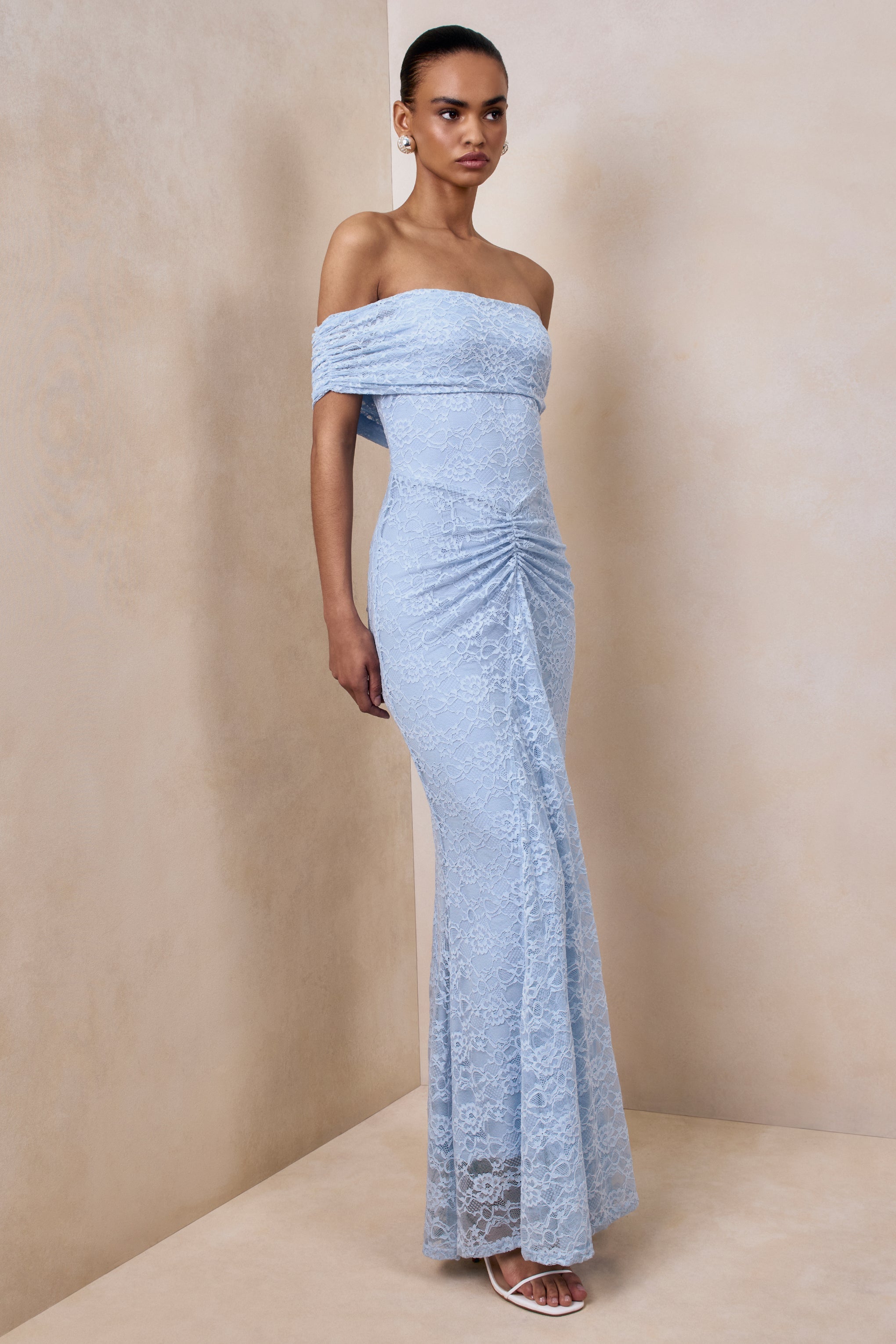Elinor | Powder Blue Lace Bardot-Neck Maxi Dress With Gathered-Detailing