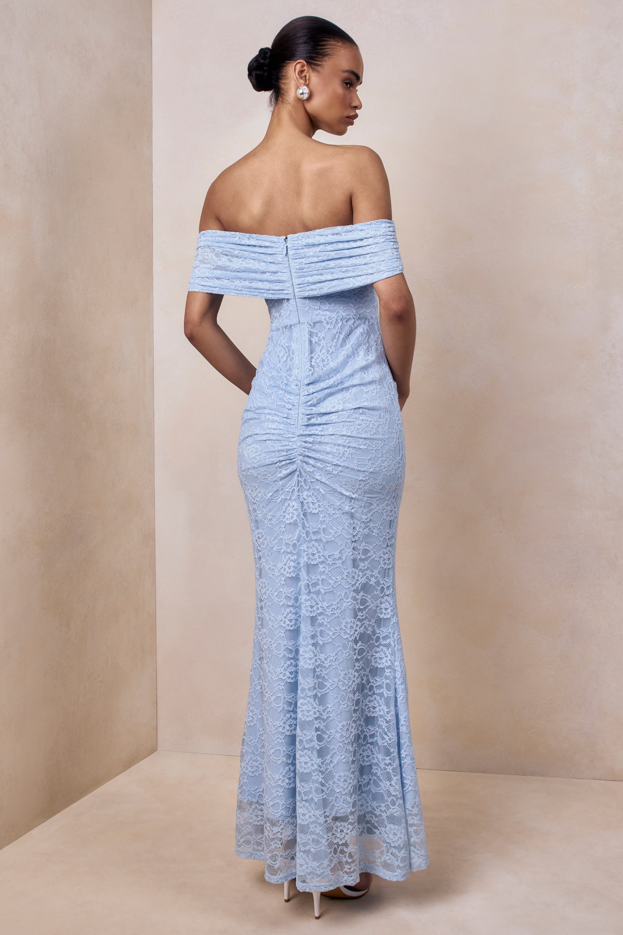 Elinor | Powder Blue Lace Bardot-Neck Maxi Dress With Gathered-Detailing