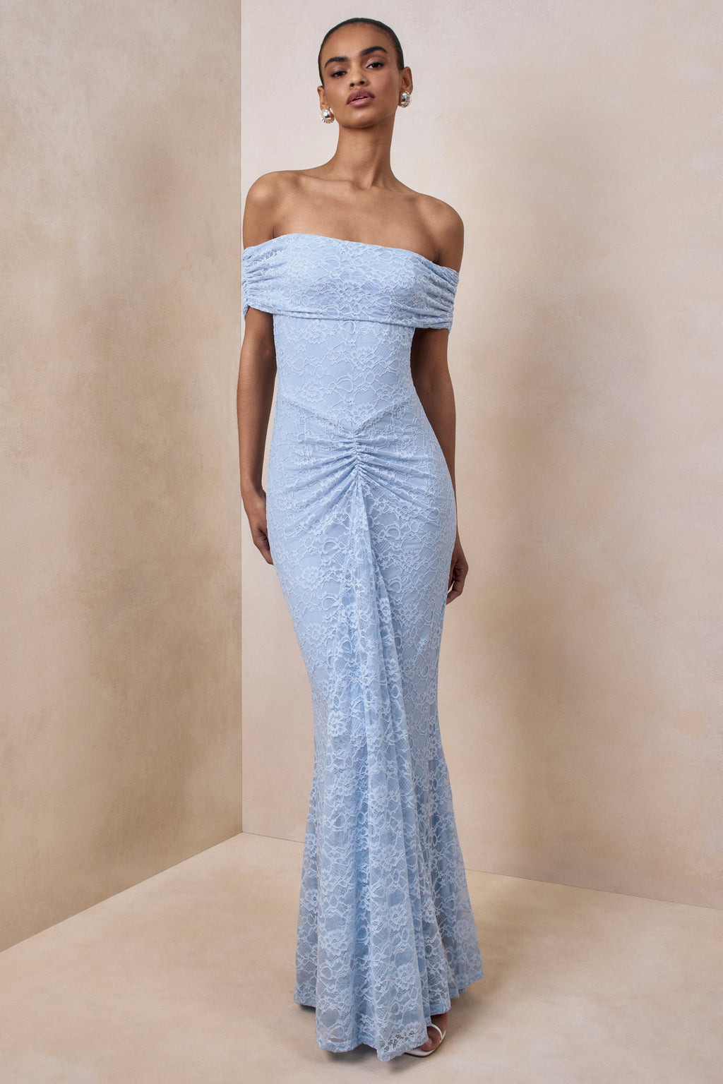 Elinor | Powder Blue Lace Bardot-Neck Maxi Dress With Gathered-Detailing