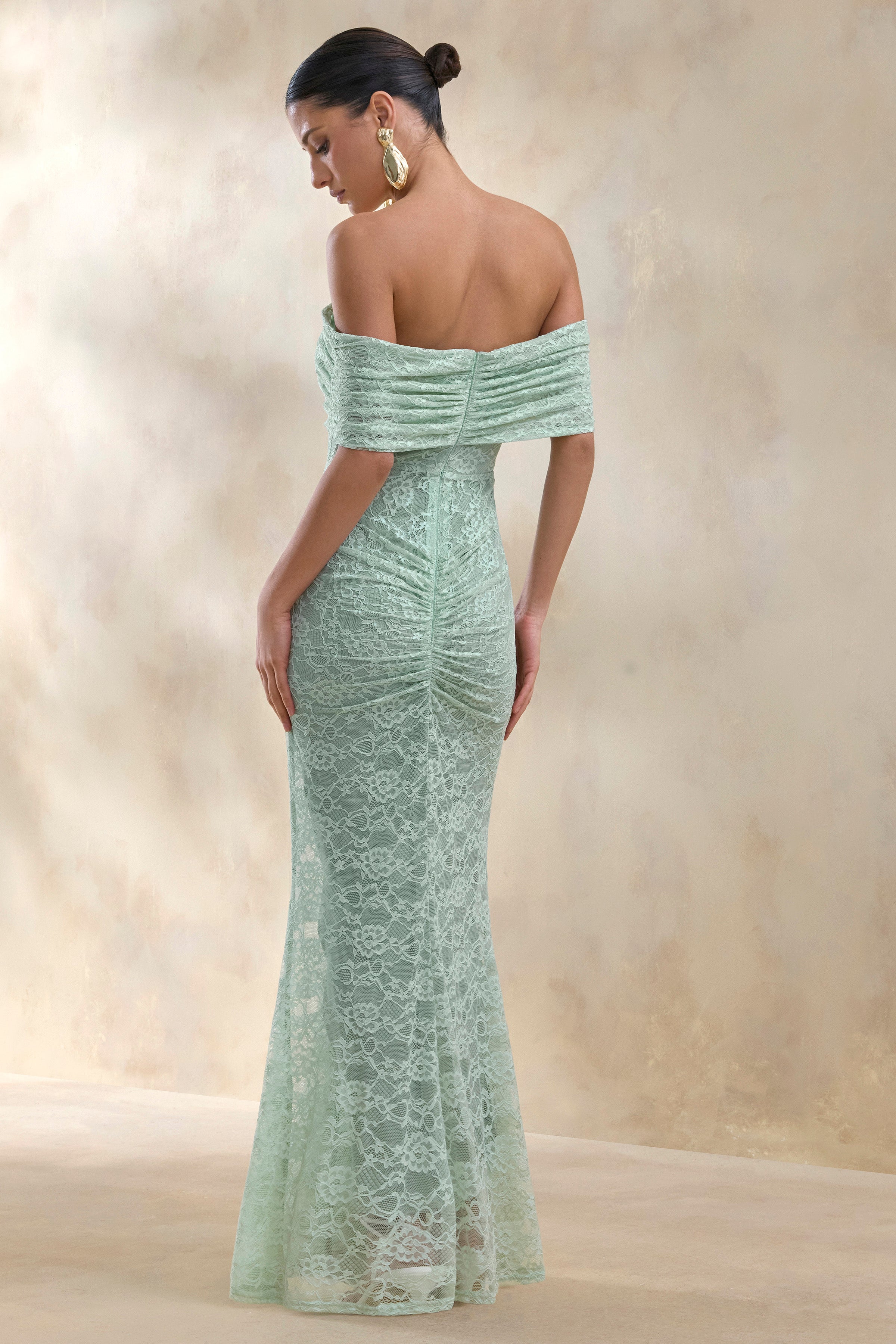 Elinor | Sage Lace Bardot-Neck Maxi Dress With Gathered-Detailing