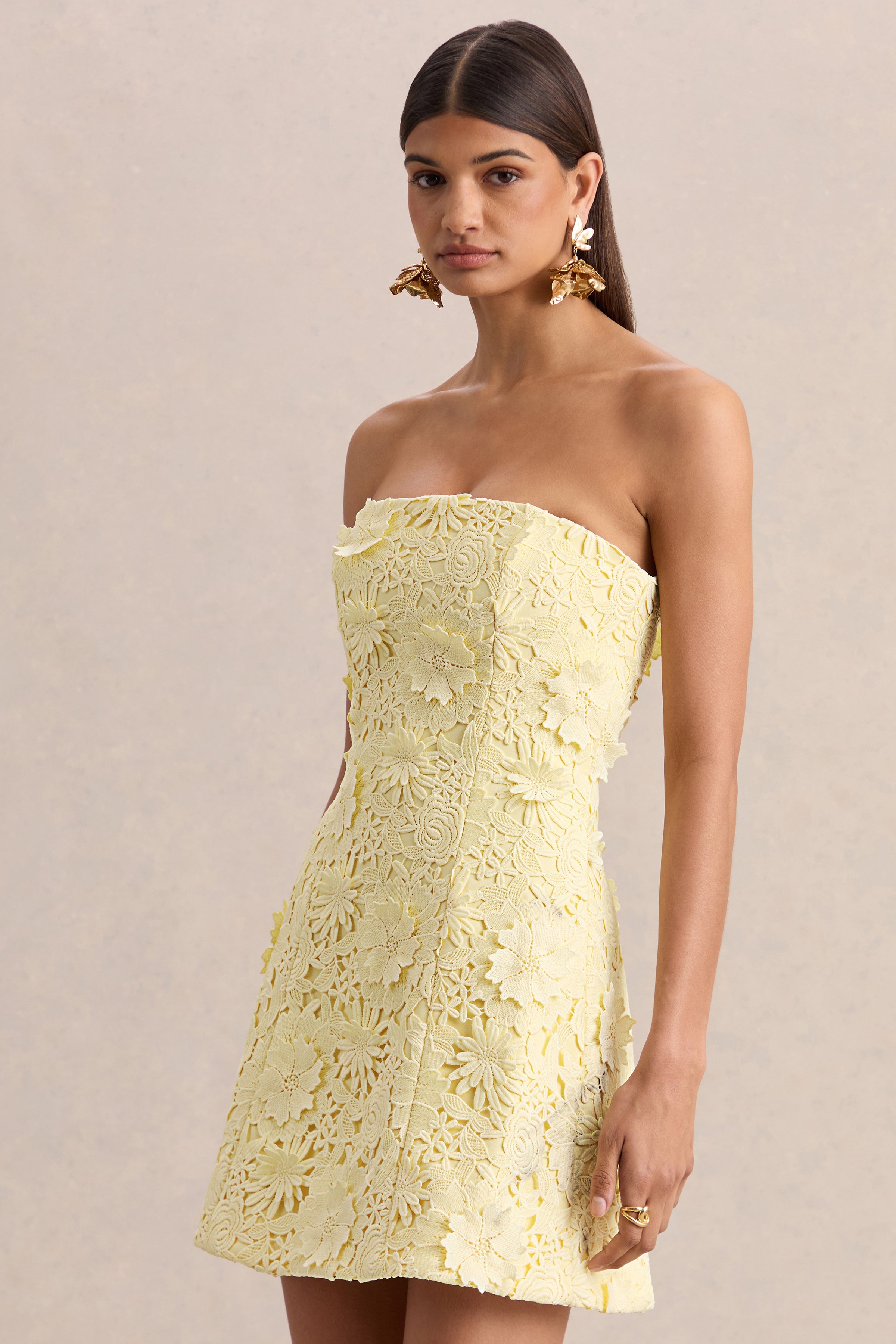 Natalie | Lemon Lace Bandeau Mini Dress