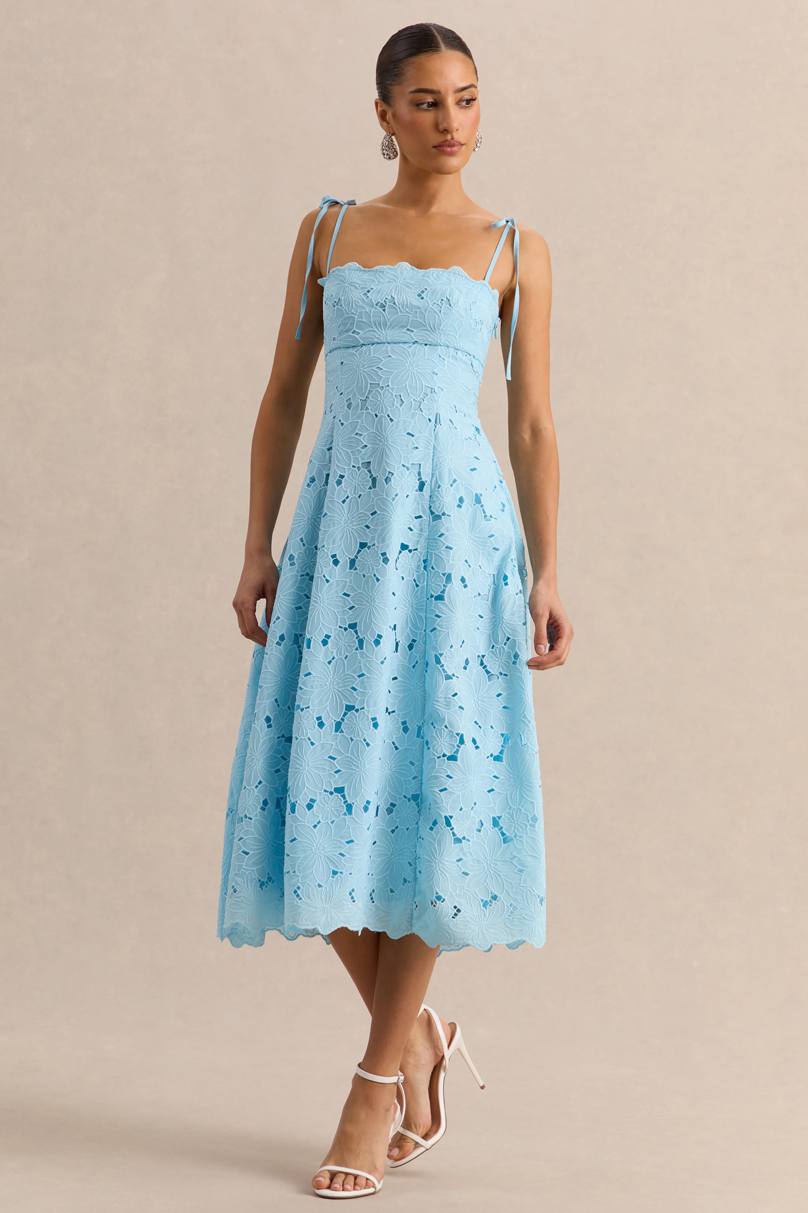 Anna | Embroidered Powder Blue Square-Neck Midi Dress