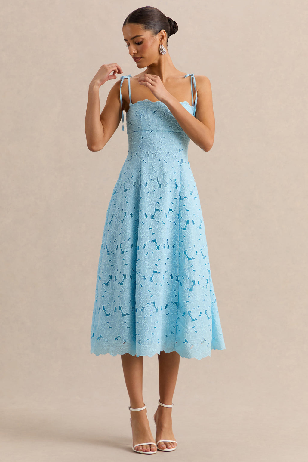 Anna | Embroidered Powder Blue Square-Neck Midi Dress
