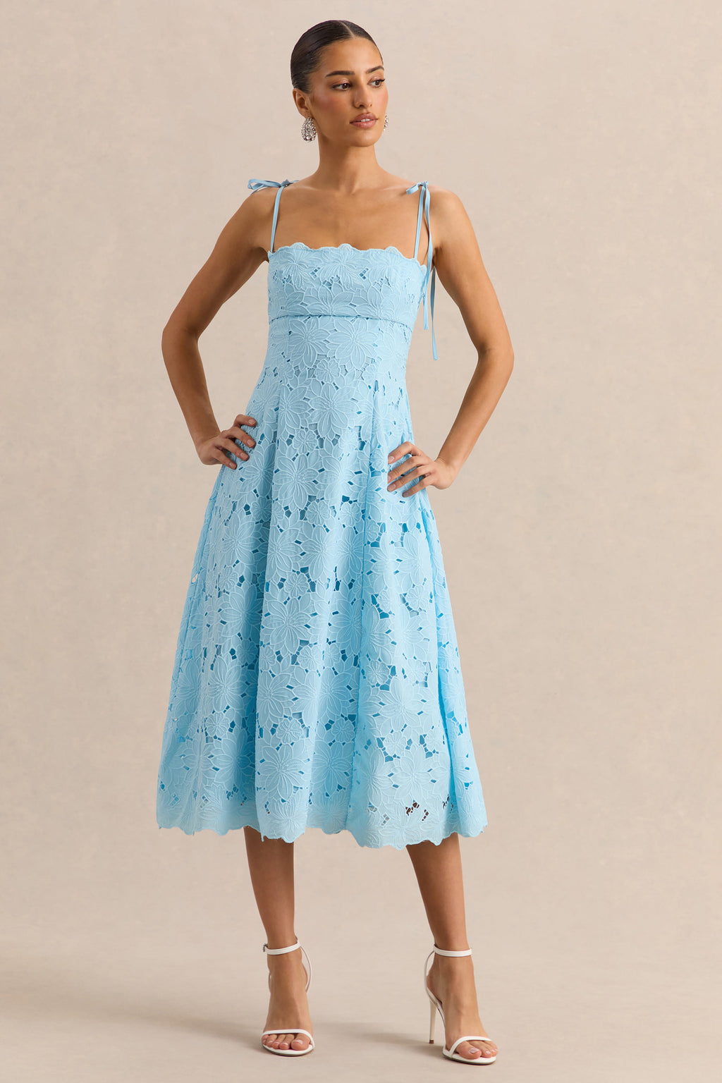 Anna | Embroidered Powder Blue Square-Neck Midi Dress