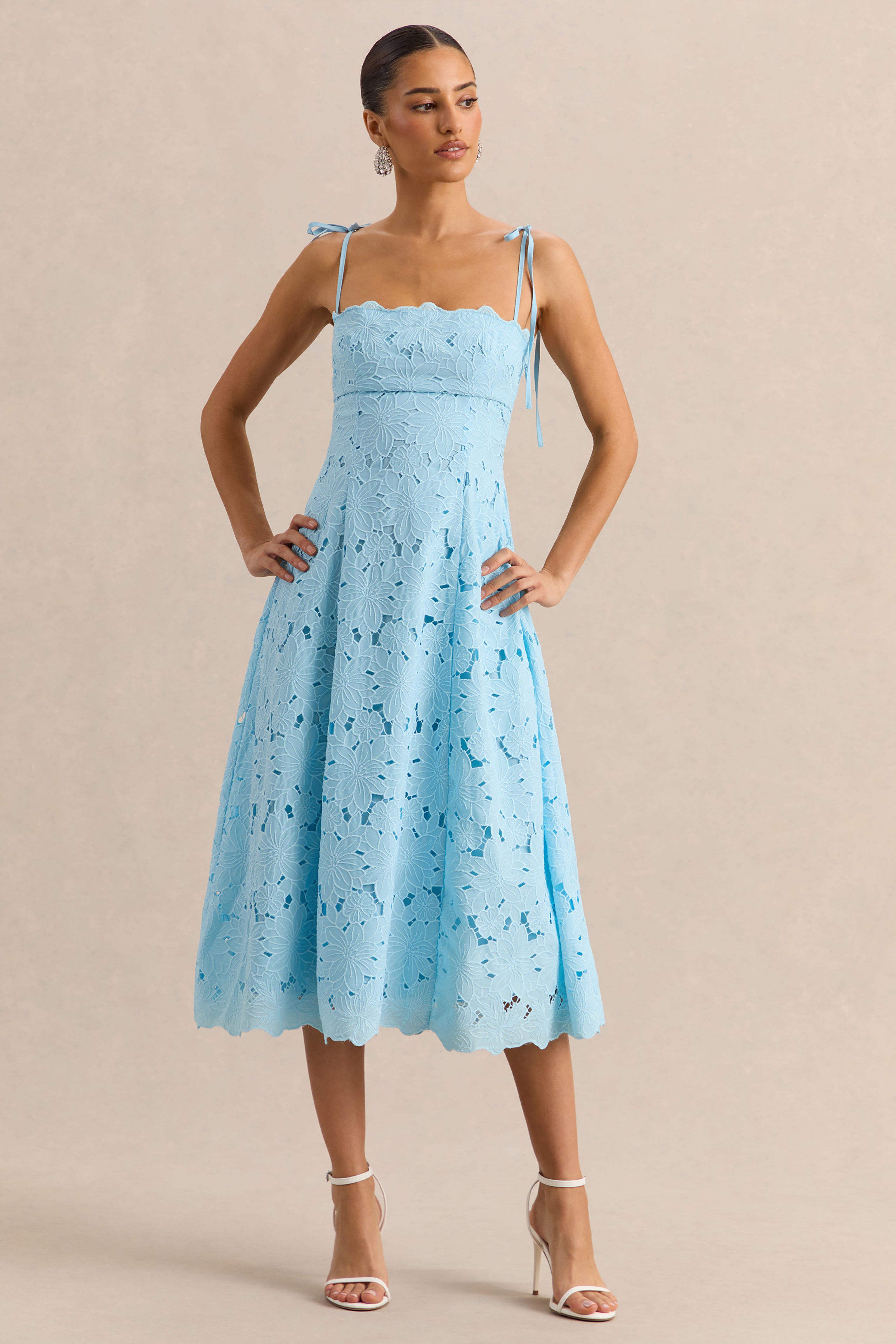 Anna | Embroidered Powder Blue Square-Neck Midi Dress