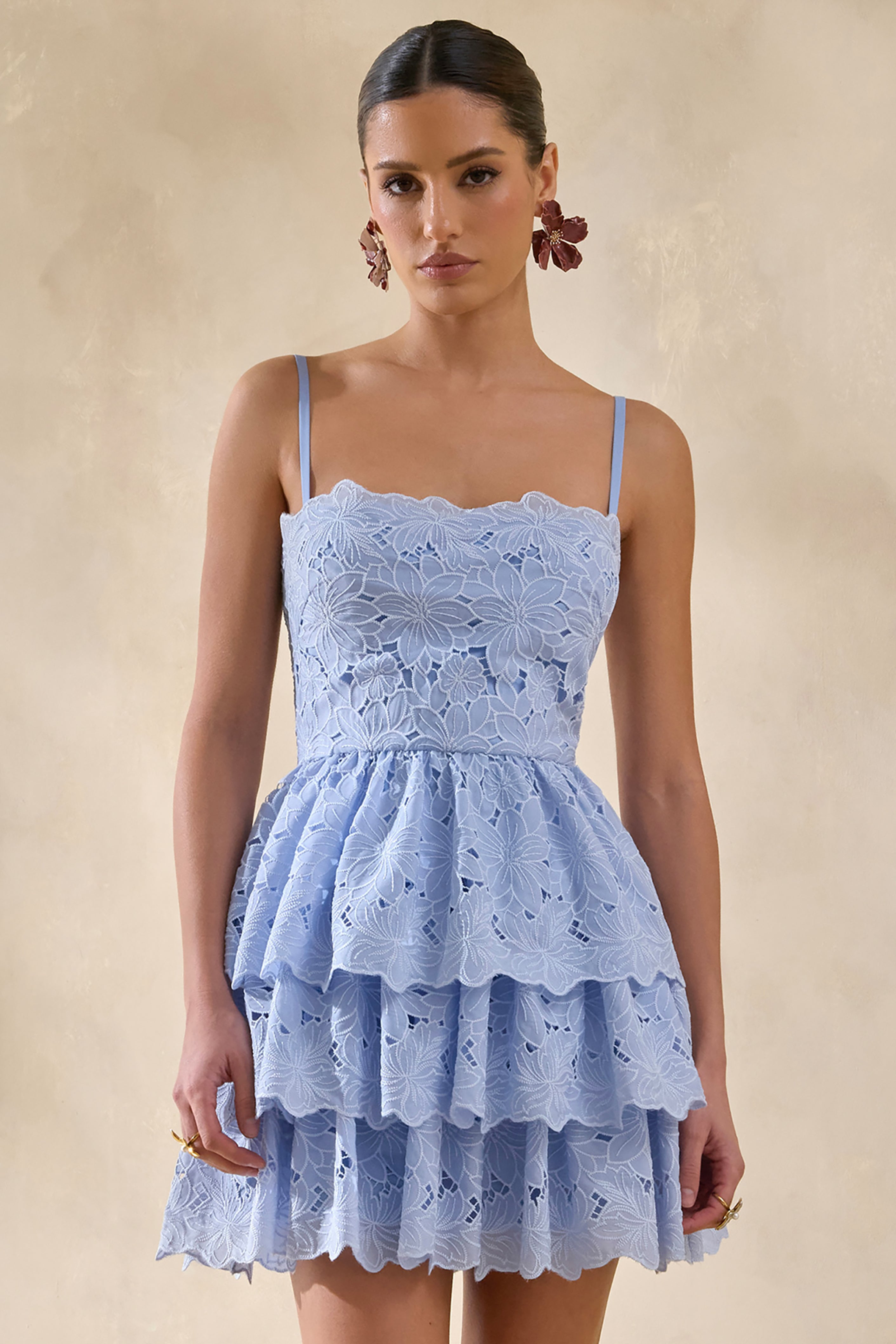 Winona | Powder Blue Lace Square-Neck Mini Dress With Ruffled Detailing