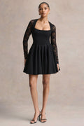 Elowen | Black Square-Neck Mini Dress With Lace-Sleeves