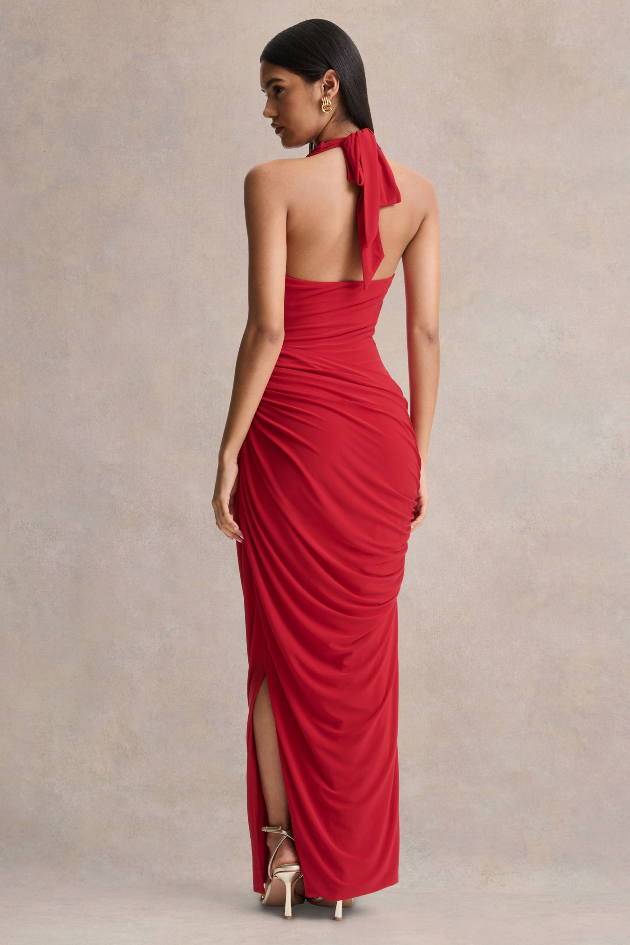 Cairo | Red Cowl-Neck Maxi Dress With Gathered Detailing