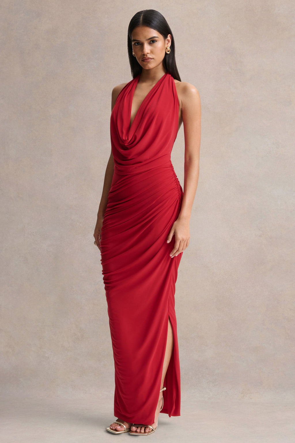 Cairo | Red Cowl-Neck Maxi Dress With Gathered Detailing