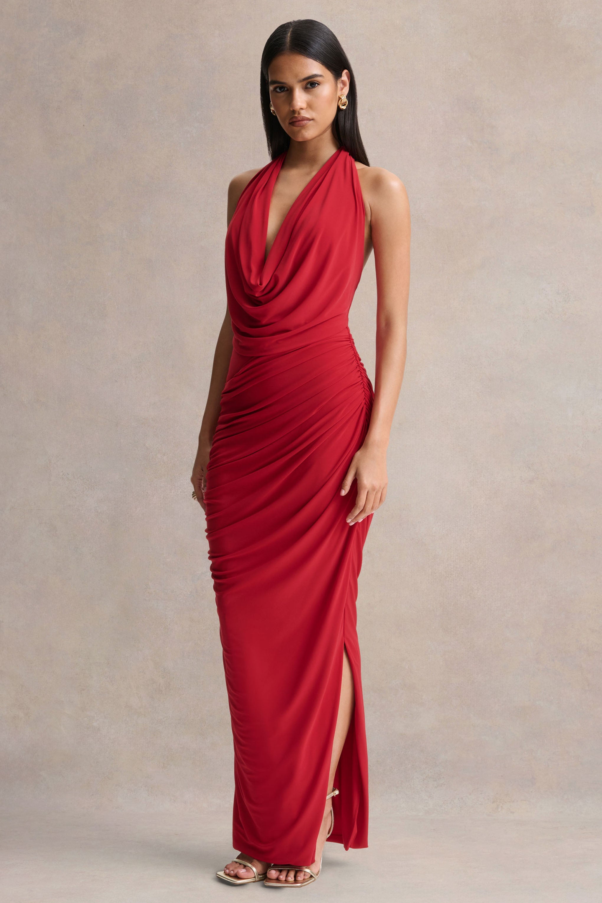 Cairo | Red Cowl-Neck Maxi Dress With Gathered Detailing