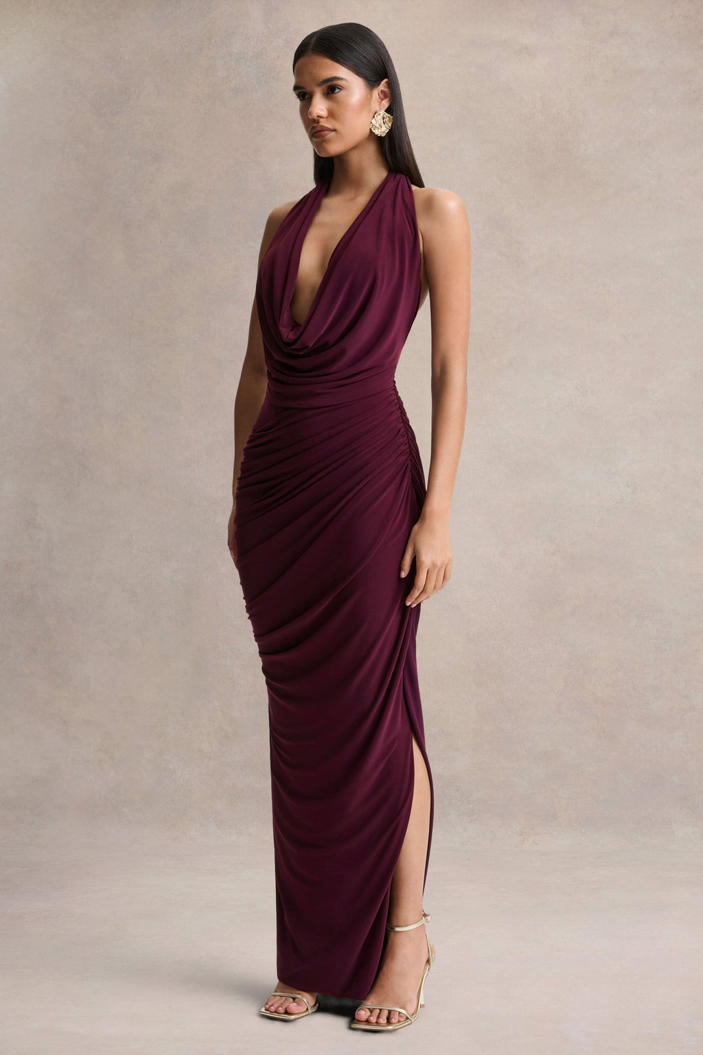 Cairo | Burgundy Cowl-Neck Maxi Dress With Gathered Detailing