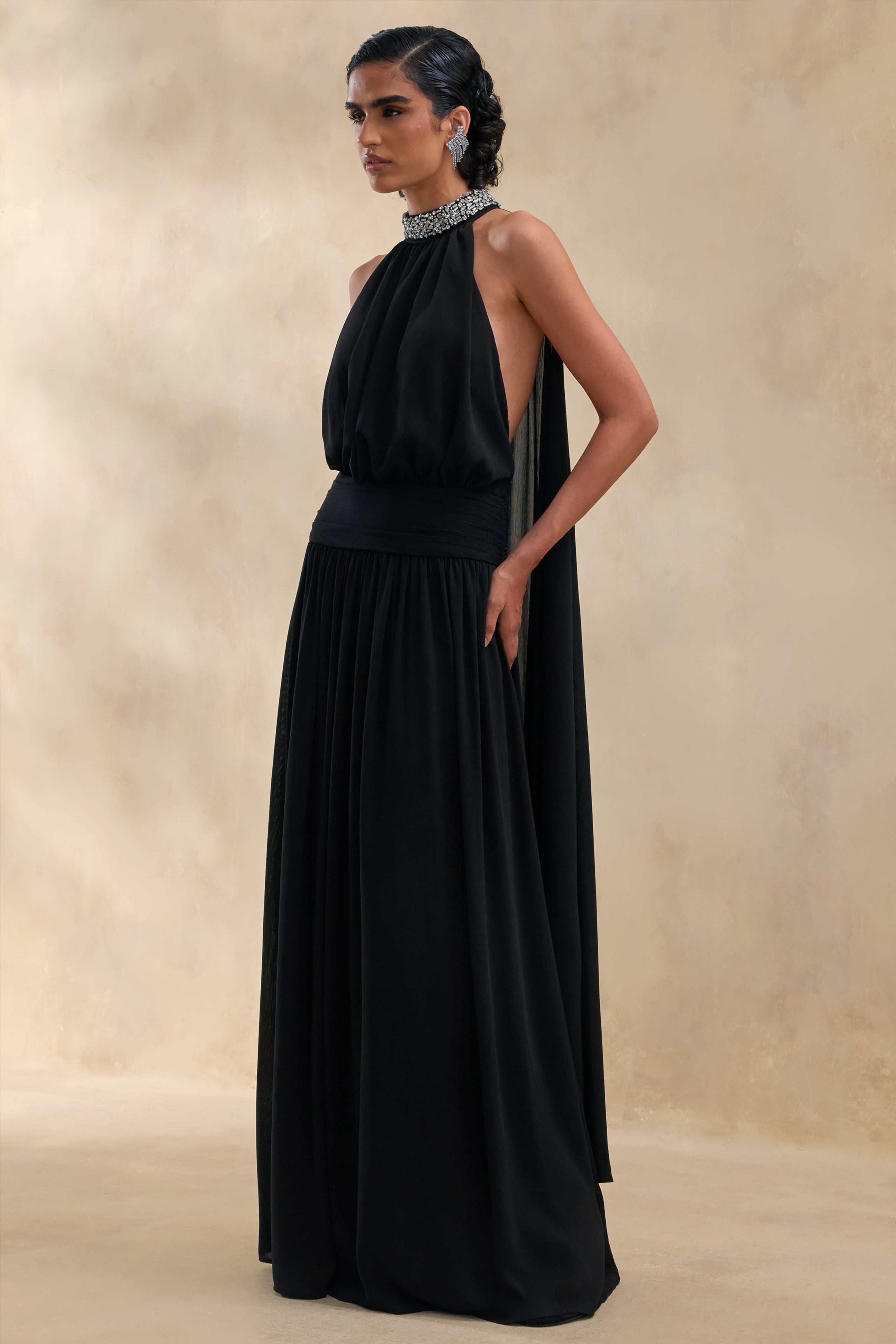 Marie | Black Halter-Neck Maxi Dress With Embellished Detailing