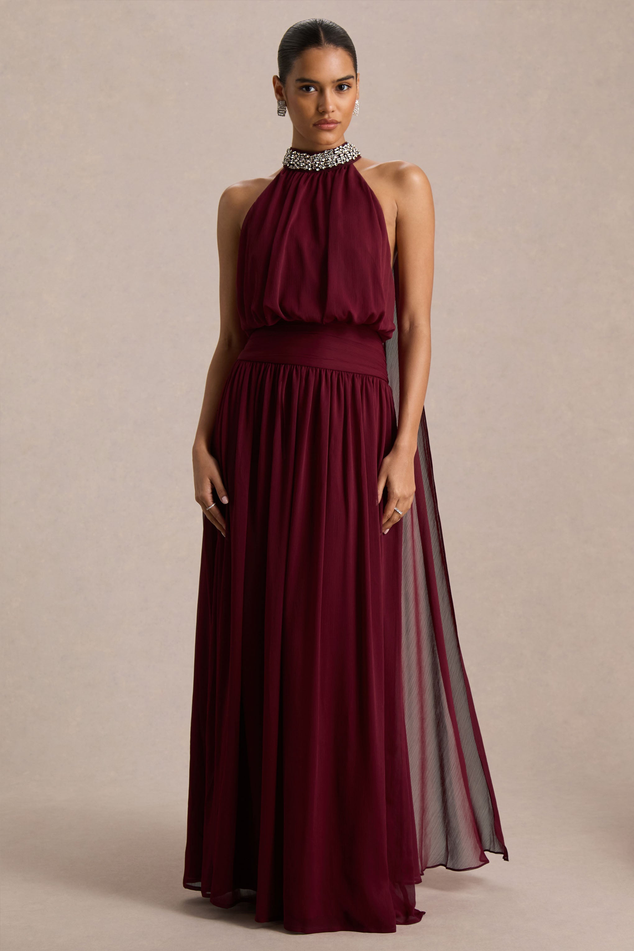 Marie | Burgundy Halter-Neck Maxi Dress With Embellished Detailing
