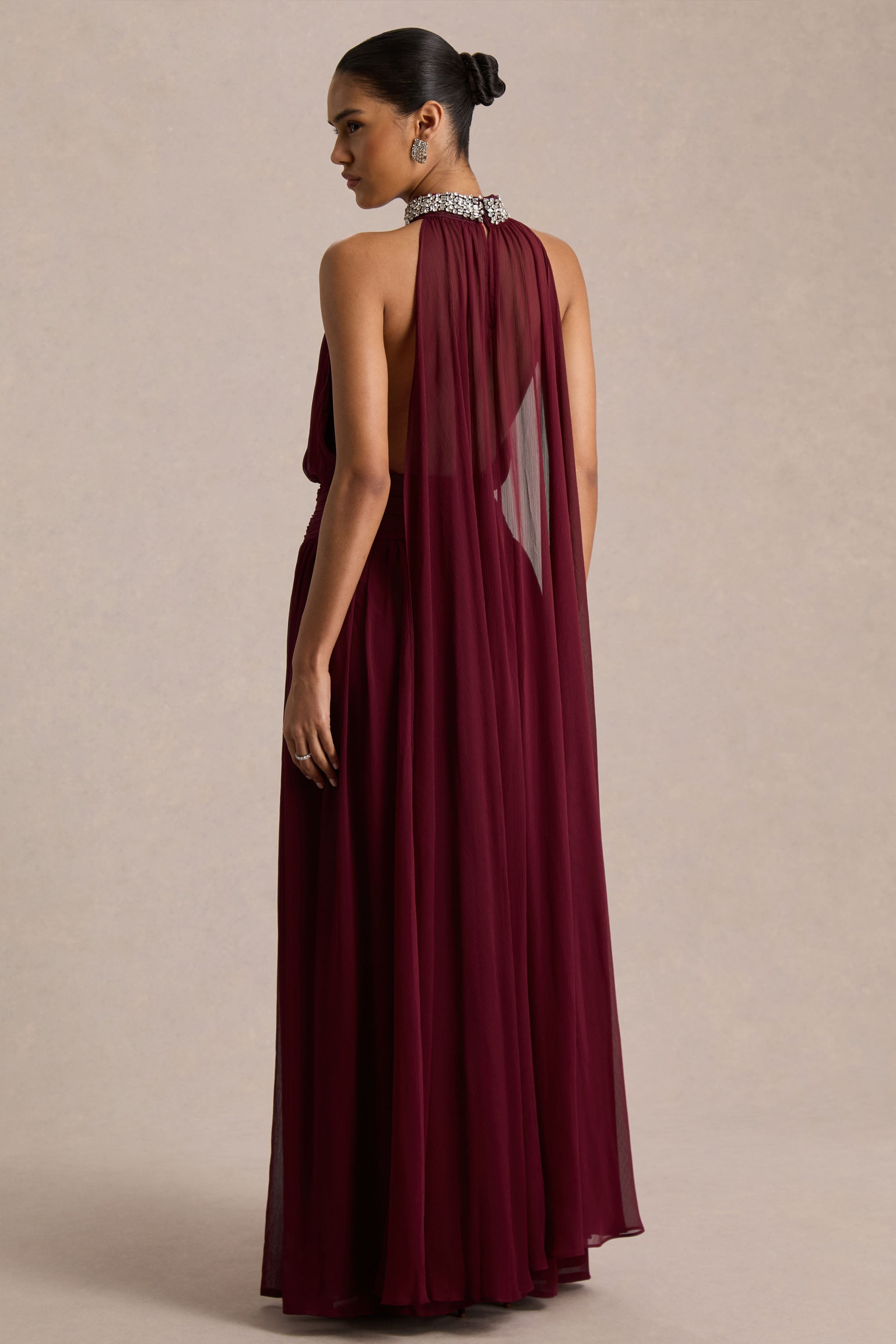 Marie | Burgundy Halter-Neck Maxi Dress With Embellished Detailing