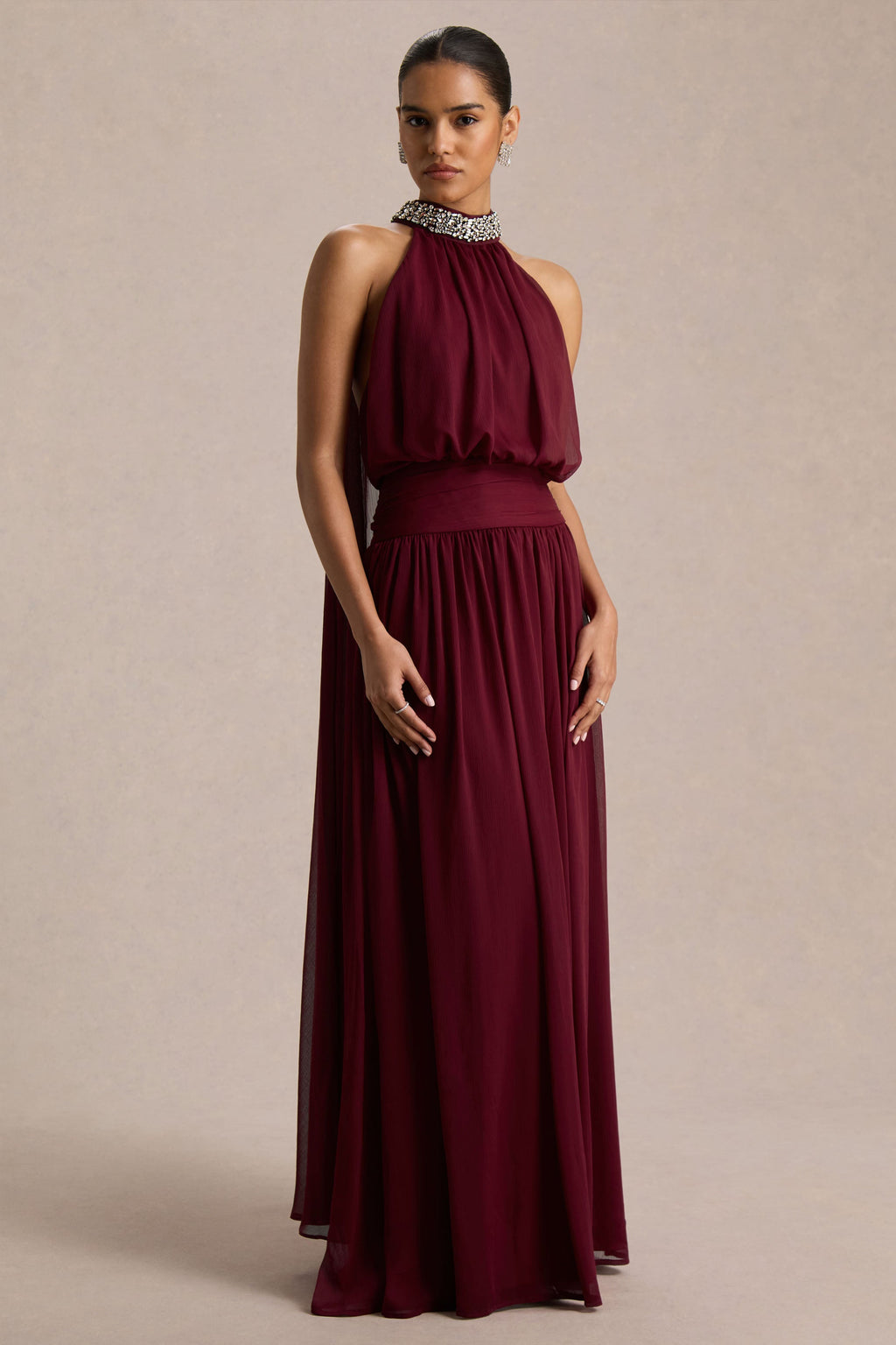 Marie | Burgundy Halter-Neck Maxi Dress With Embellished Detailing