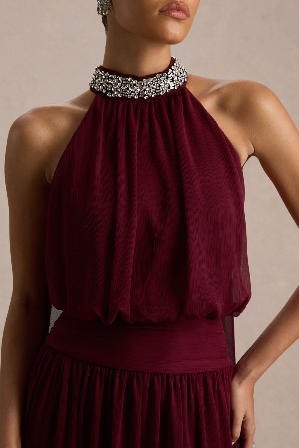 Marie | Burgundy Halter-Neck Maxi Dress With Embellished Detailing