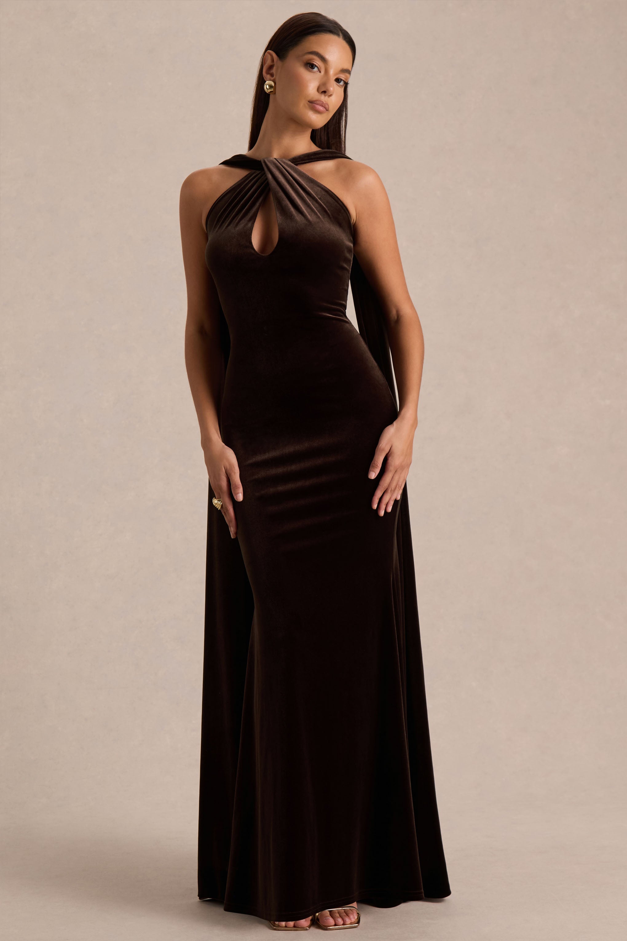 Layli | Brown Velvet Halter-Neck Maxi Dress With Cape