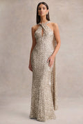 Renelle | Gold Sequin Halter-Neck Maxi Dress