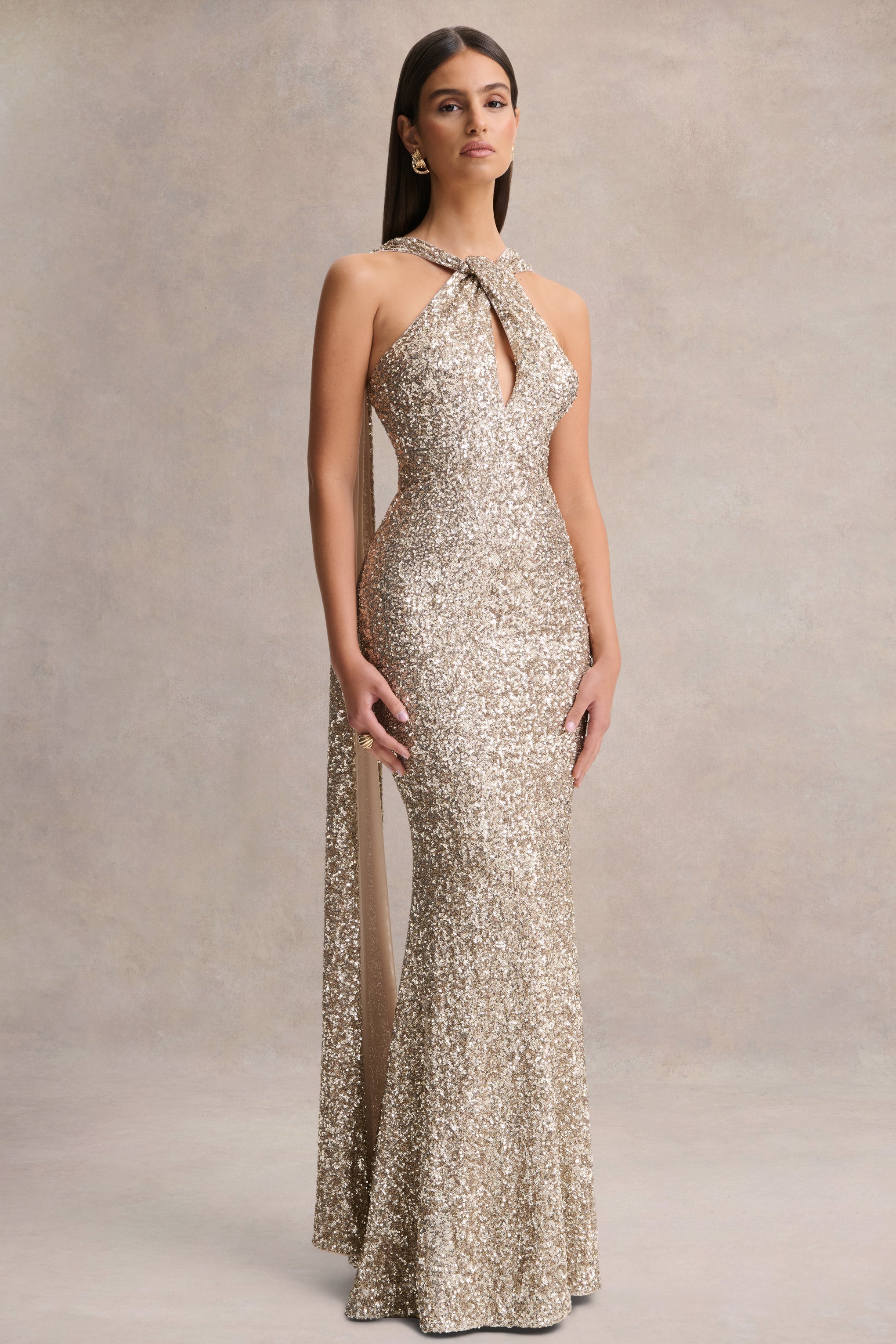 Renelle | Gold Sequin Halter-Neck Maxi Dress