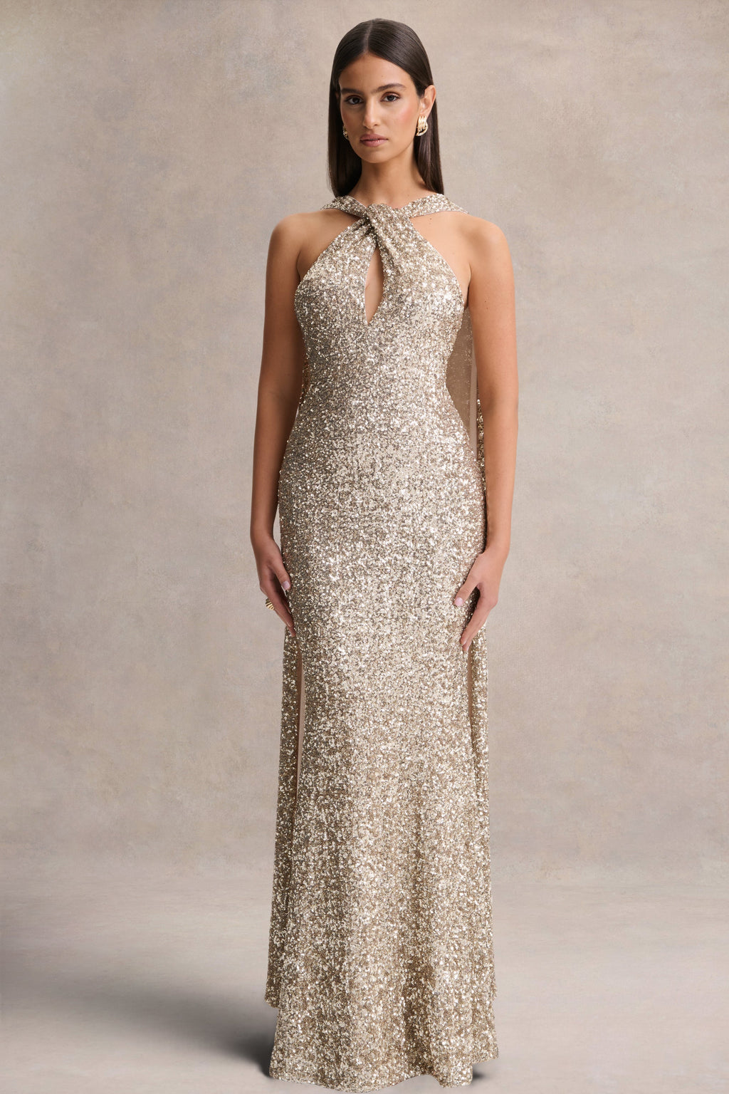 Renelle | Gold Sequin Halter-Neck Maxi Dress