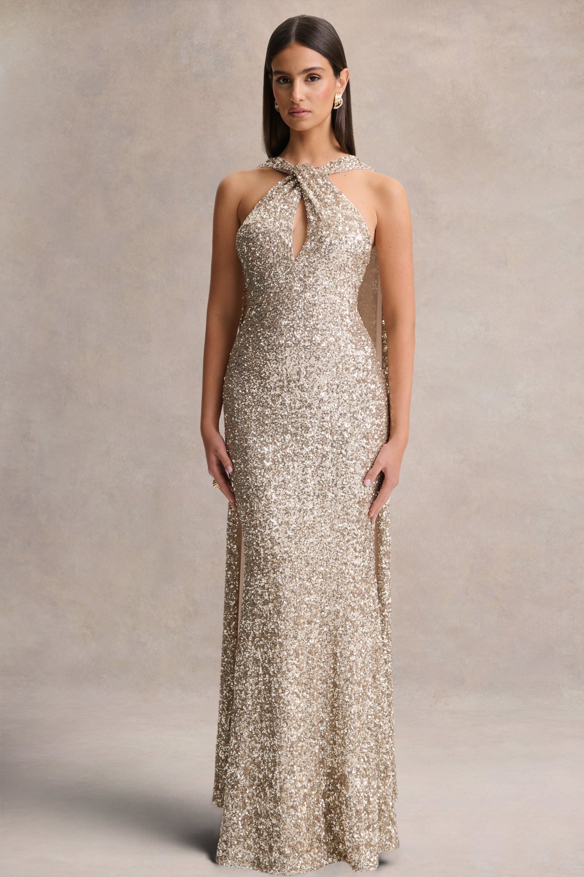 Renelle | Gold Sequin Halter-Neck Maxi Dress