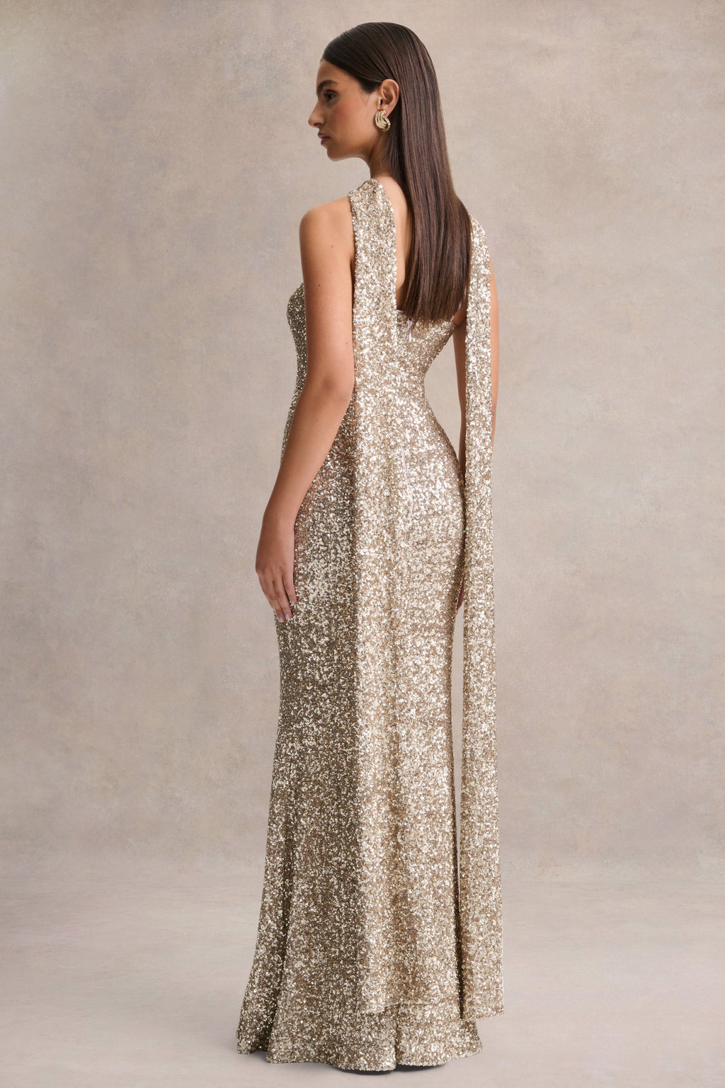 Renelle | Gold Sequin Halter-Neck Maxi Dress