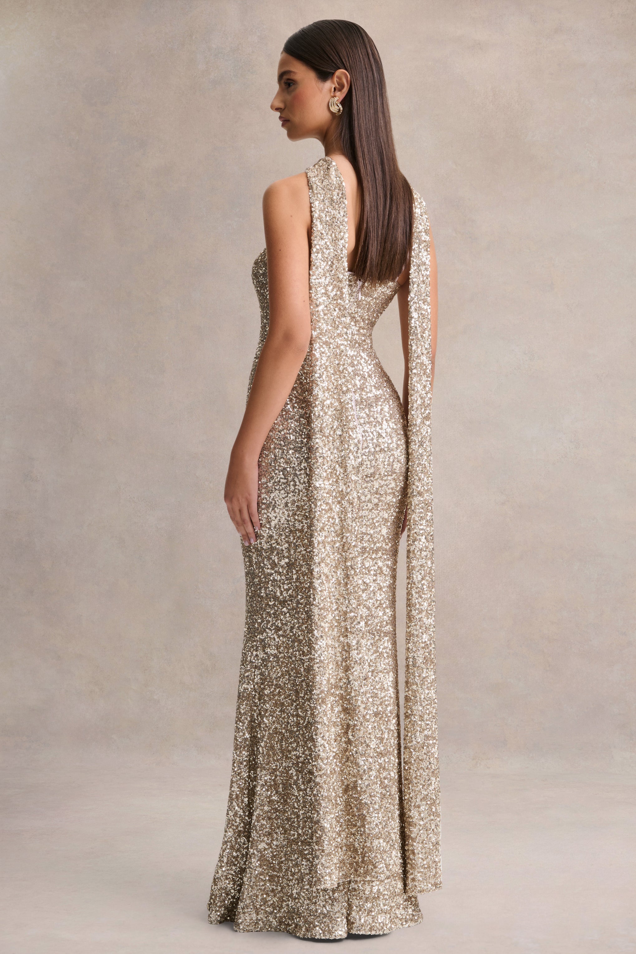 Renelle | Gold Sequin Halter-Neck Maxi Dress